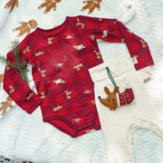 Cache-couche des fêtes rouge à carreaux en coton extensible, bébé || Red plaid holiday bodysuit in stretch cotton, baby