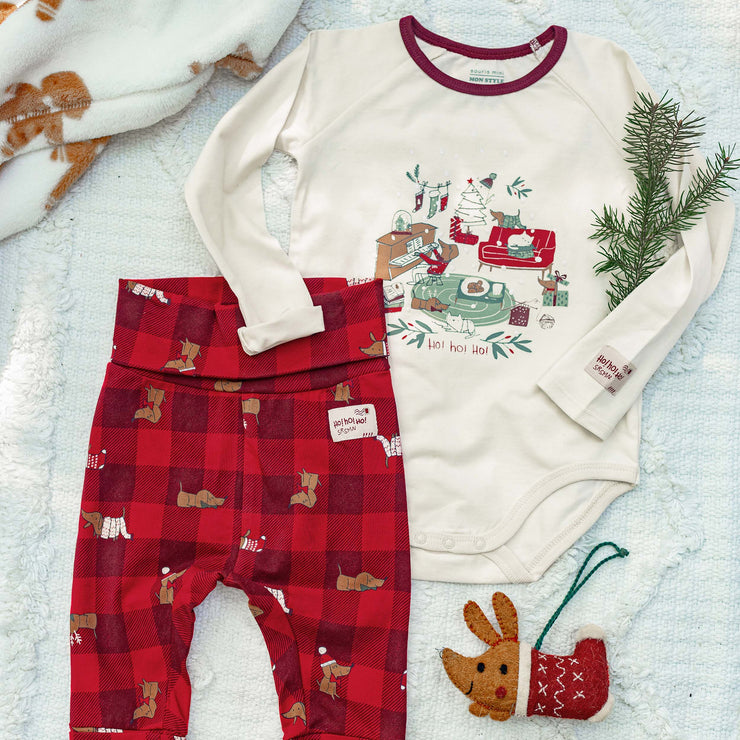 Pantalon évolutif des fêtes rouge à carreaux en coton extensible, bébé || Evolutive red plaid Holiday pants in stretch cotton, baby