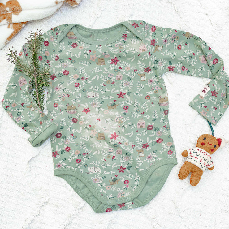 Cache-couche des fêtes vert fleuri en coton, bébé || Green floral Holiday bodysuit in cotton, baby