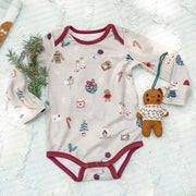 Cache-couche des fêtes gris à motif en polyester brossé, bébé || Gray holiday bodysuit with pattern in brushed polyester, baby