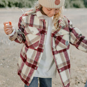 Chemise bourgogne et beige à carreaux en flanelle lourde, enfant || Burgundy and beige plaid shirt in flannel, child