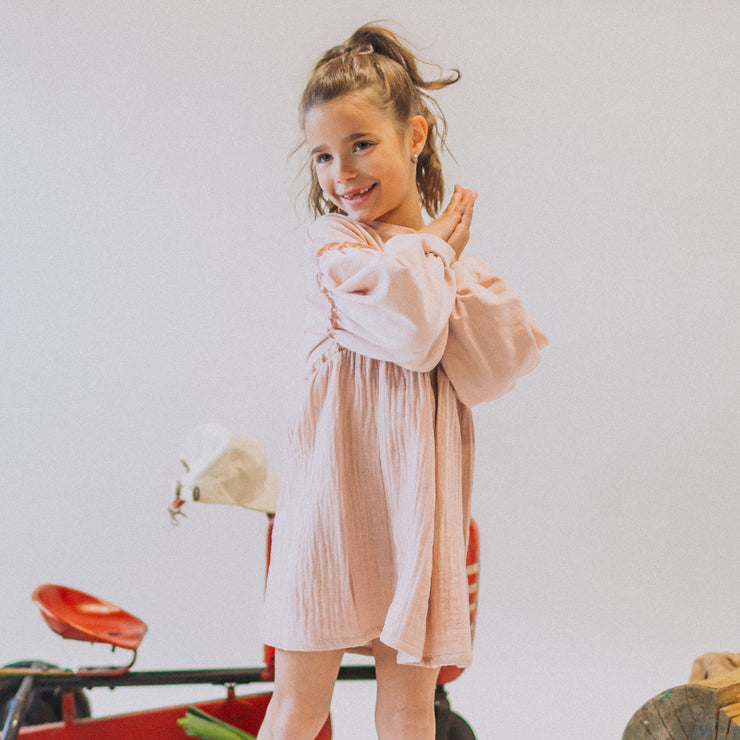 Robe rose à manches longues rose en coton français et mousseline, enfant || Pink long sleeved dress in french terry and muslin, child