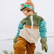 Veste en sherpa verte bloc de couleurs à col montant, enfant || Sherpa green block color vest with high collar, child