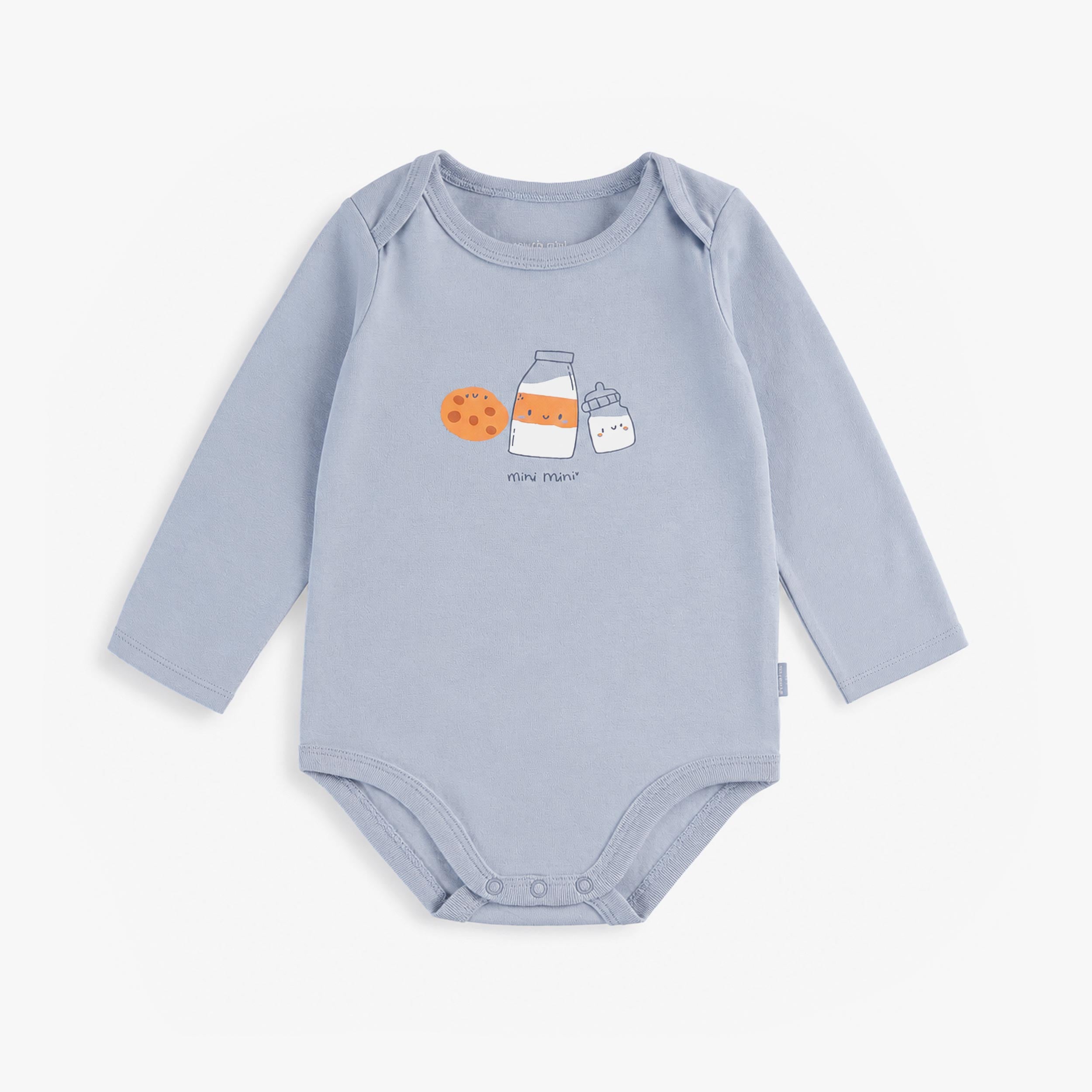 Cache-couche bébé bleu en coton à manches longues avec illustration de lait et biscuit. - Souris Mini