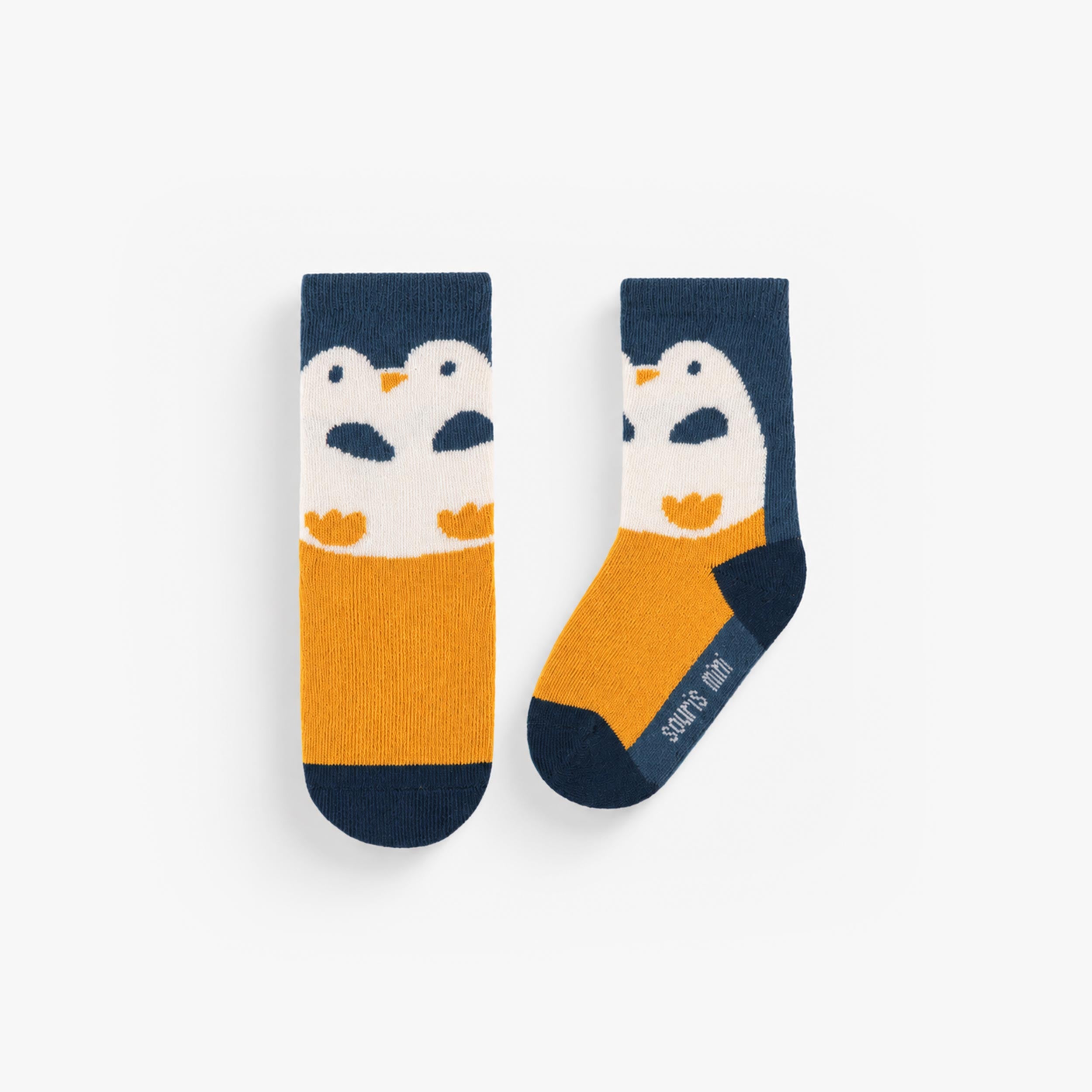 Paire de chaussettes enfant bleu marine et jaune avec motif pingouin, vue de face. - Souris Mini
