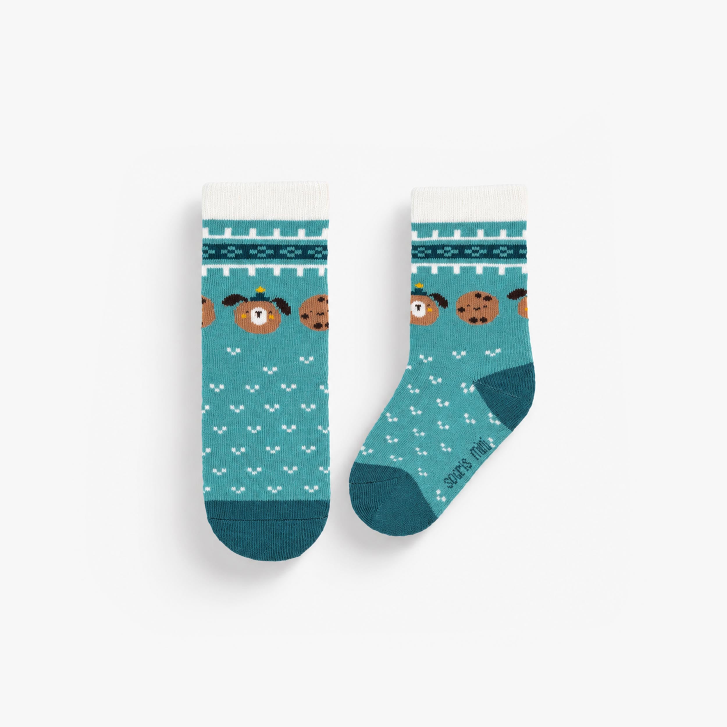 Paire de chaussettes enfant turquoise avec motif chien et biscuits, vue de face. - Souris Mini