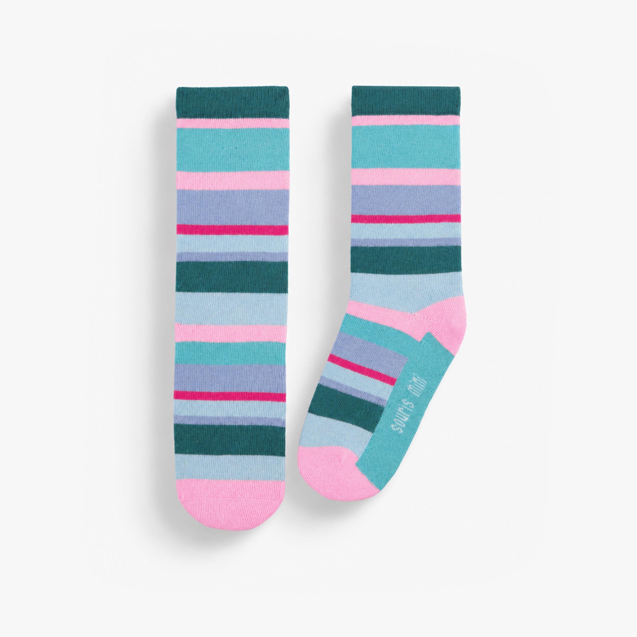 Chaussettes enfant à rayures multicolores en coton doux avec détails rose et turquoise