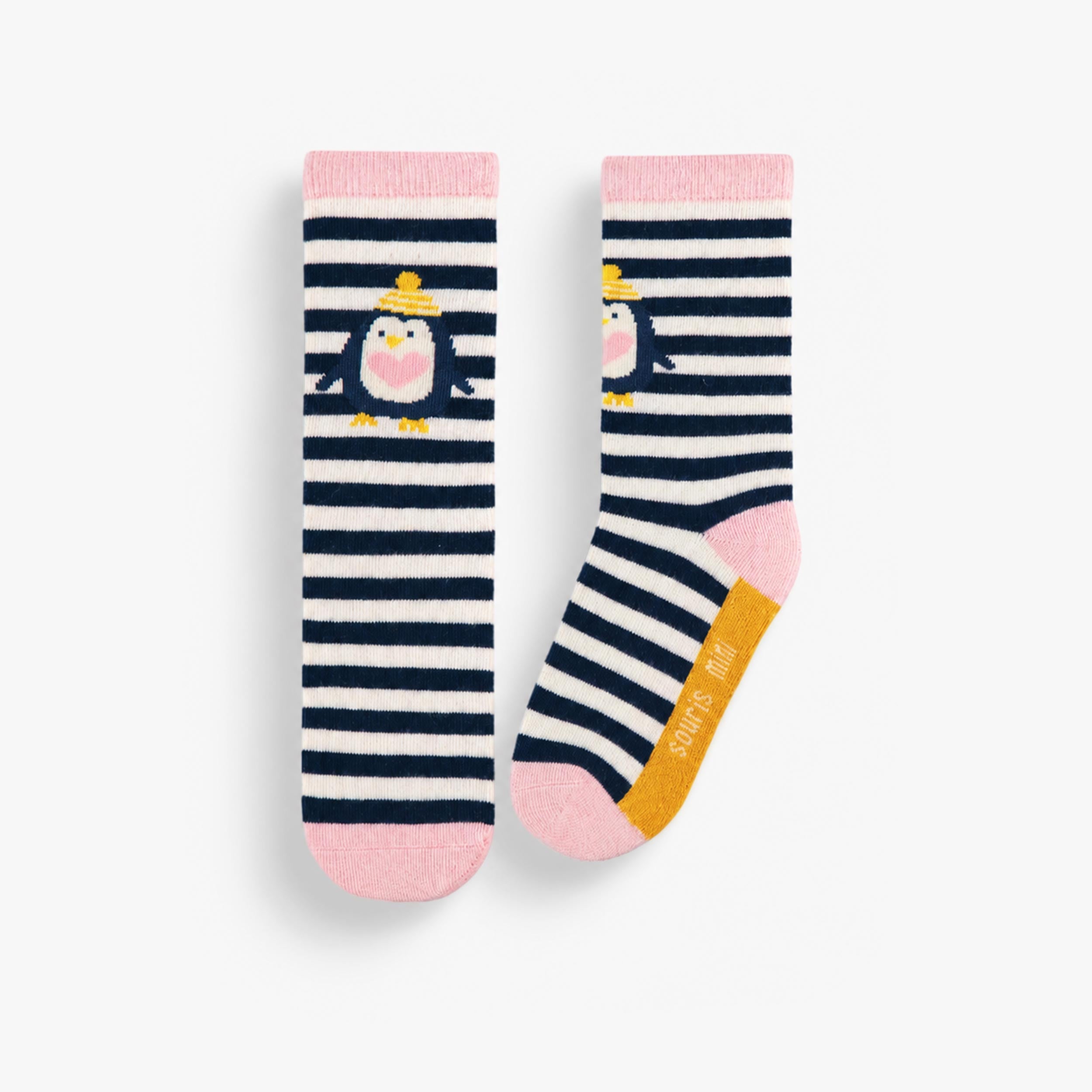 Chaussettes enfant à rayures bleu marine et blanc avec adorable motif pingouin et accents roses