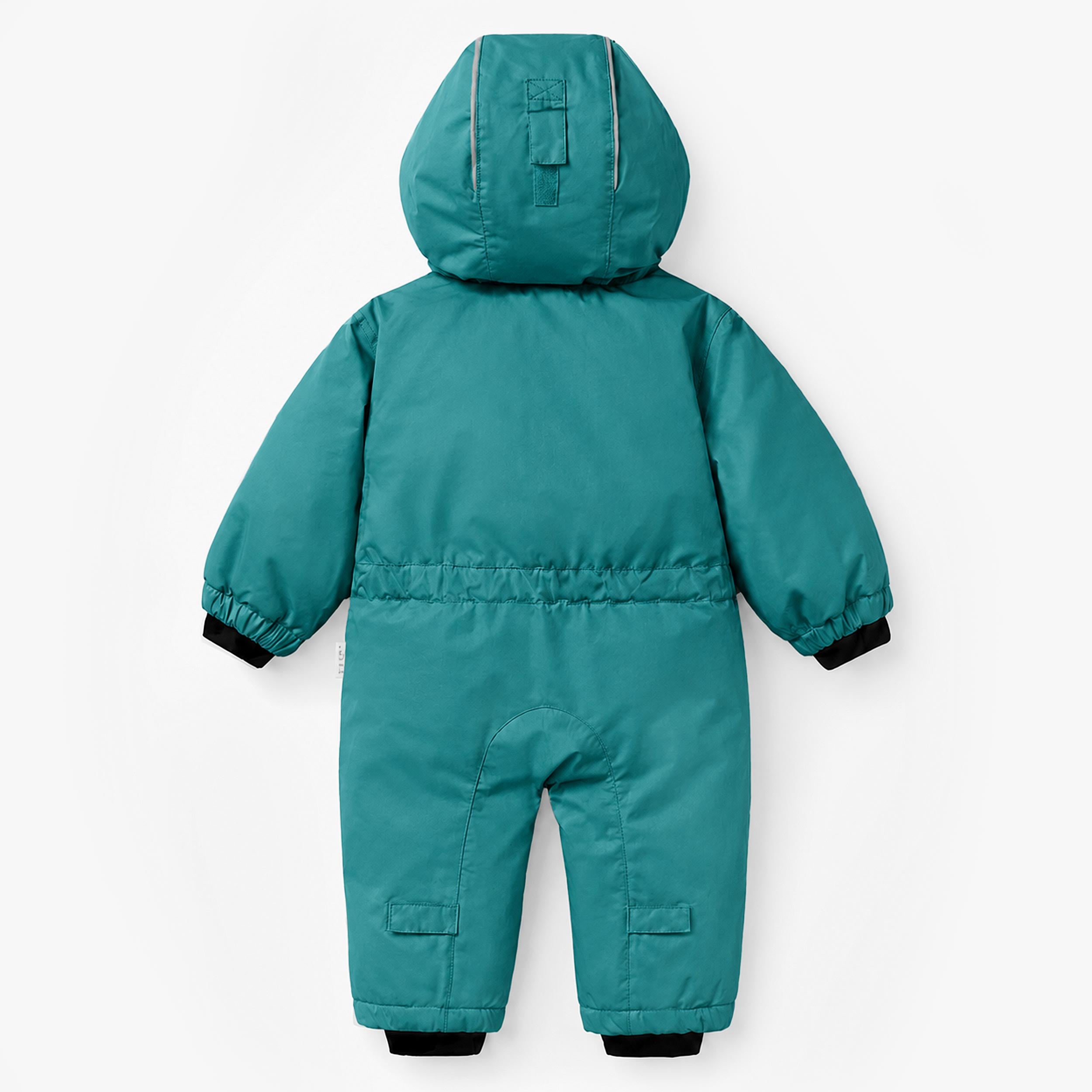 Vue arrière d’une combinaison de neige une pièce pour bébé turquoise avec capuchon isolé, poignets coupe-froid et conception adaptée aux activités hivernales.