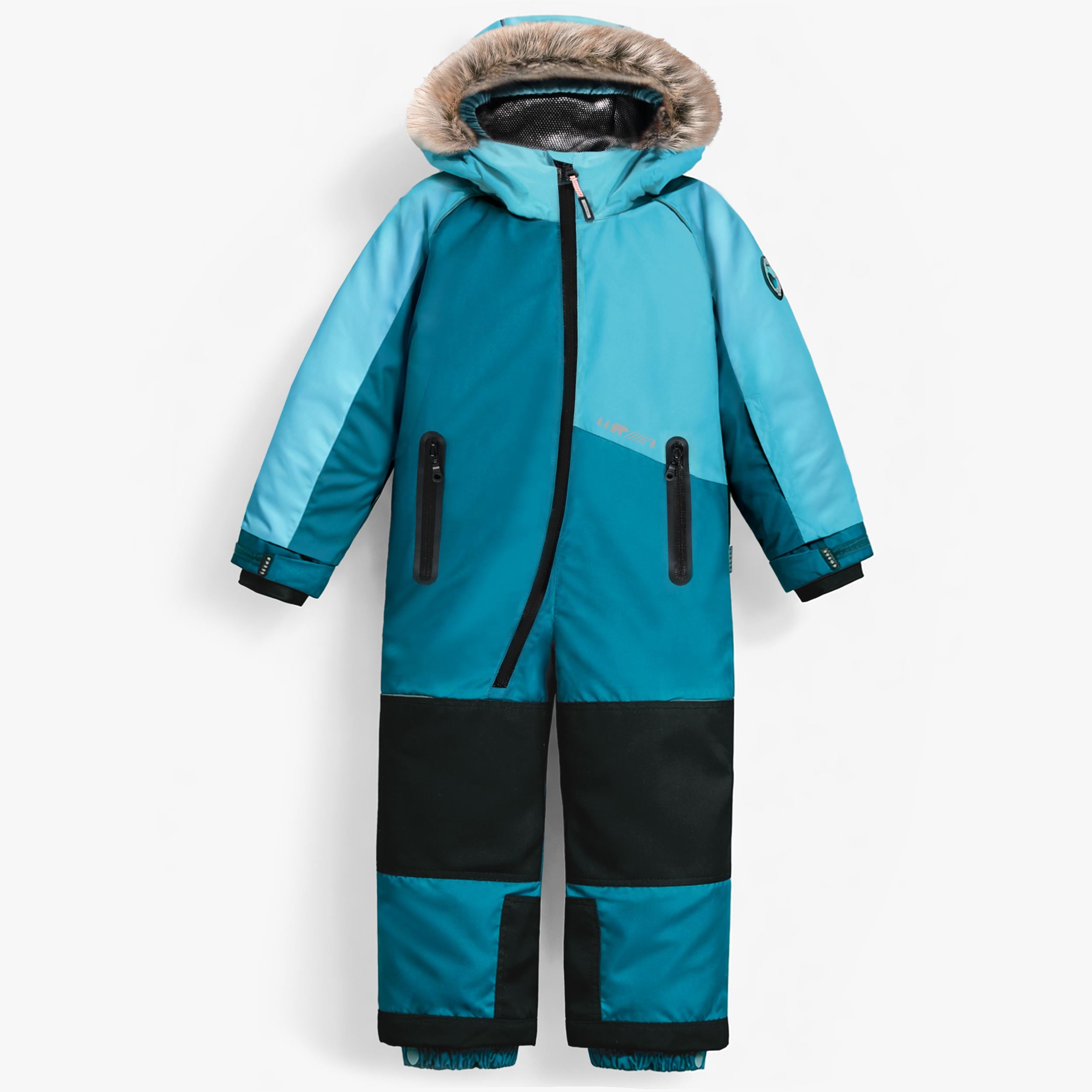 Combinaison de ski enfant bleue avec capuche bordée de fausse fourrure sur fond blanc - Souris Mini