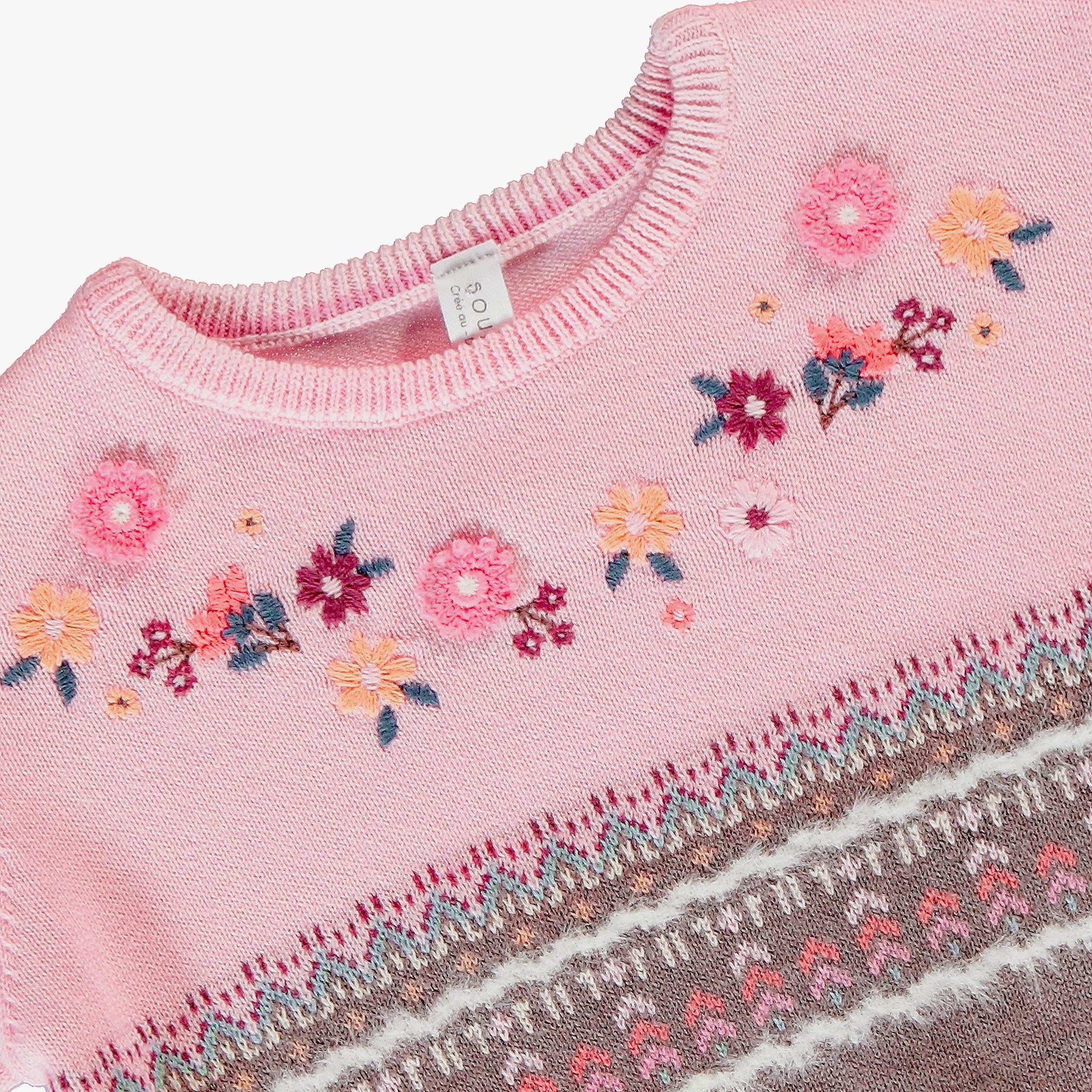 Gros plan sur un chandail en maille rose pour bébé fille avec broderies florales et motif jacquard.