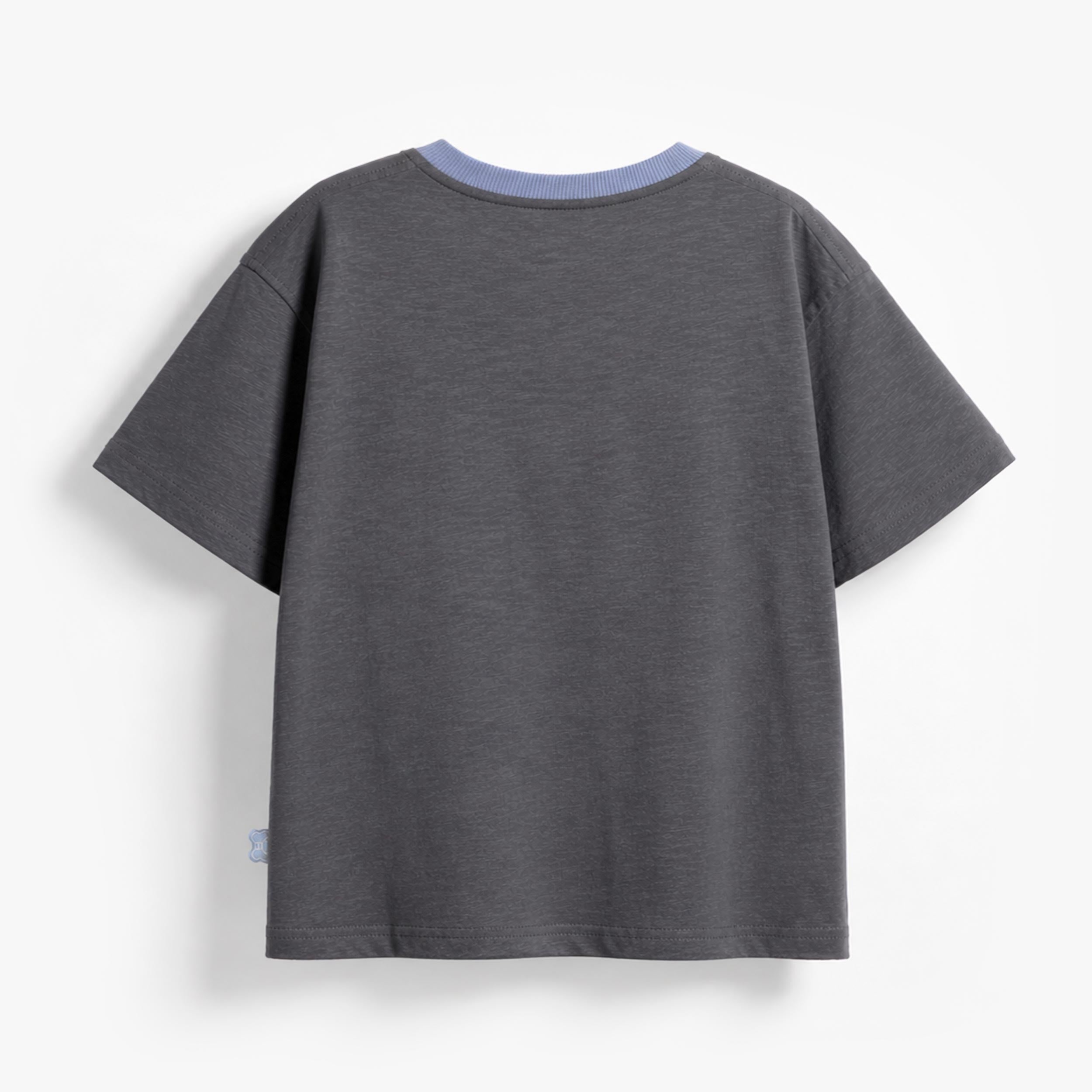 Dos du t-shirt ample garçon gris anthracite en coton avec finition col bleu contrasté