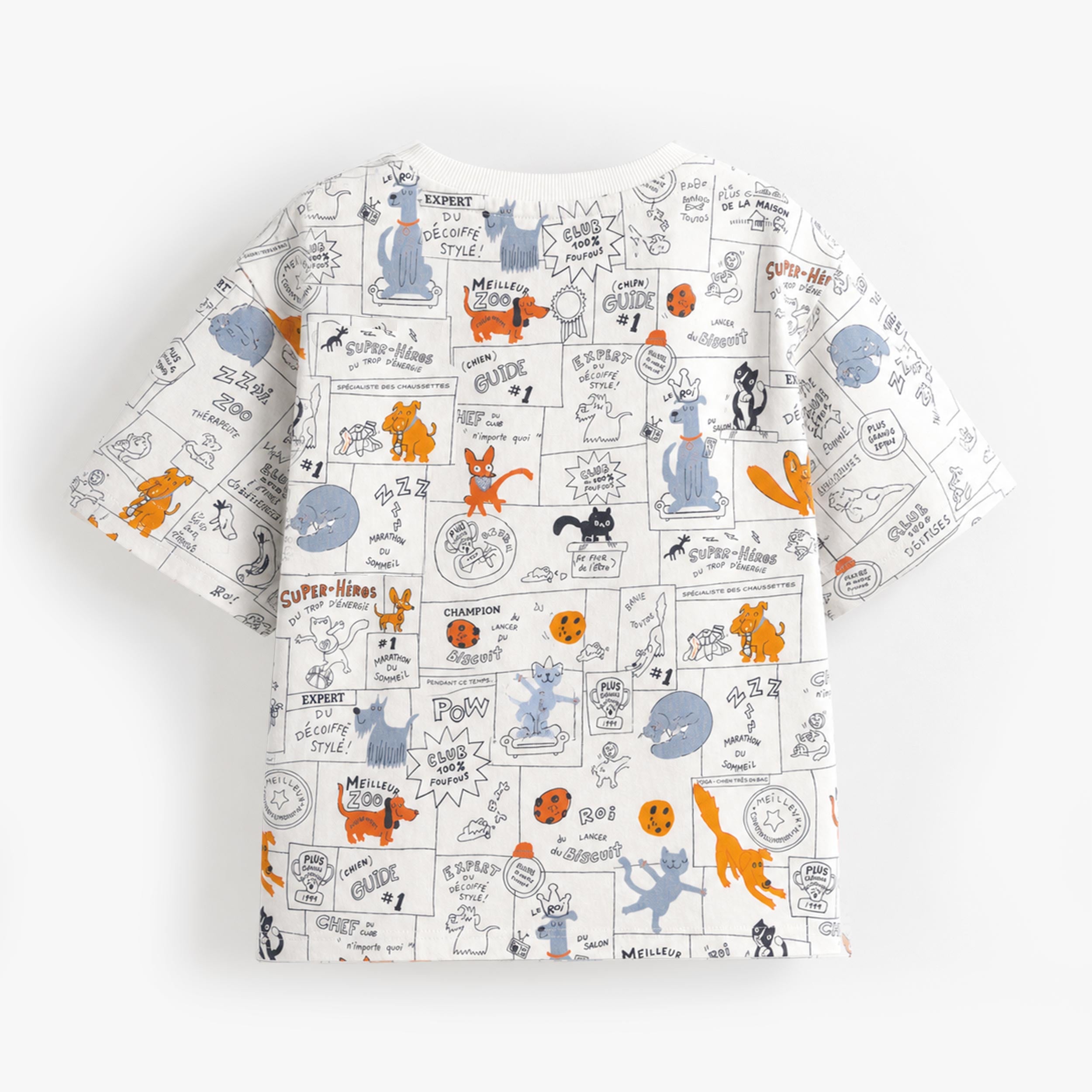Dos du t-shirt garçon en coton blanc avec imprimé graphique animaux et illustrations style BD