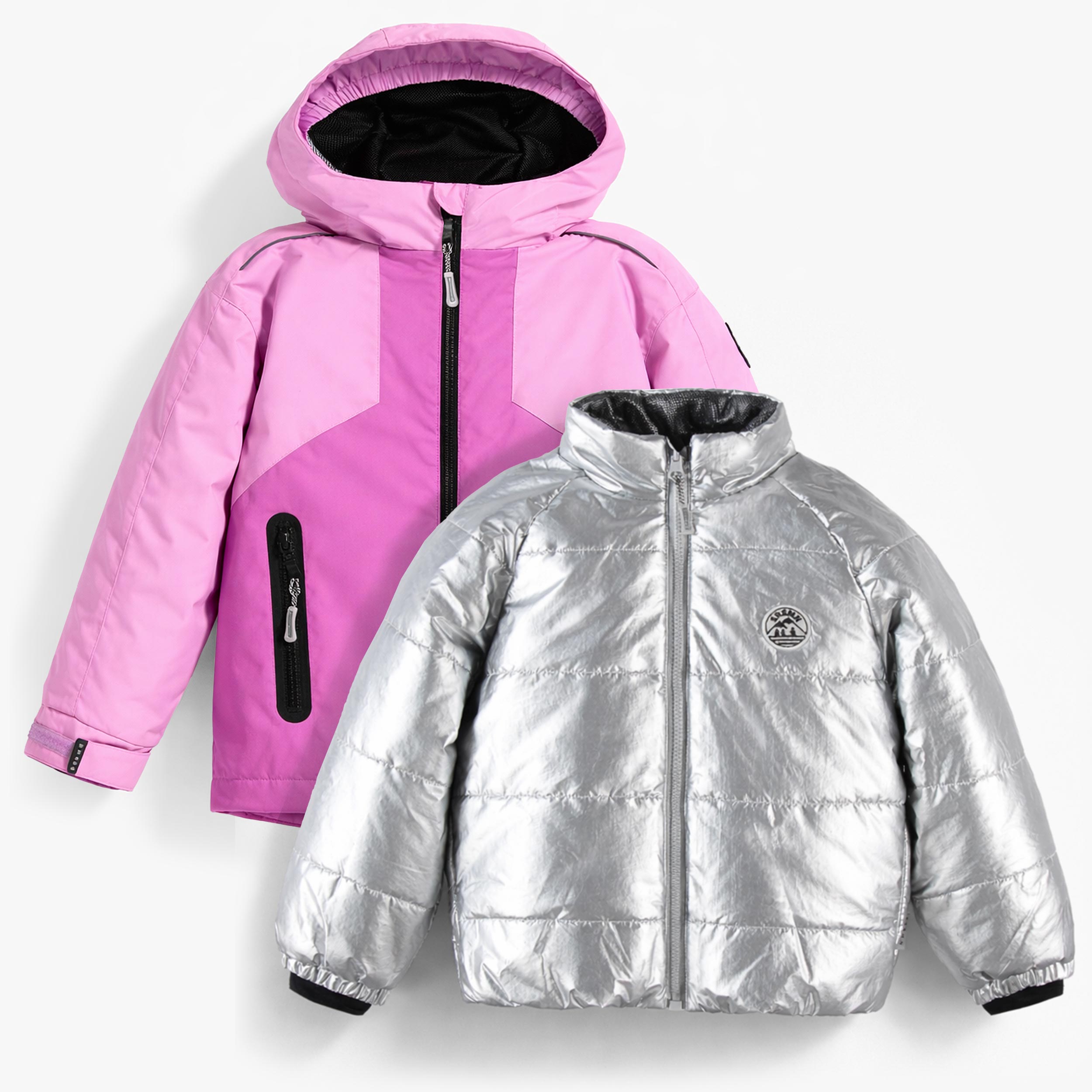 Ensemble d’hiver 3-en-1 pour enfant comprenant un manteau rose à capuche et une veste matelassée argentée amovible, conçu pour offrir chaleur, confort et polyvalence par temps froid. - Souris Mini