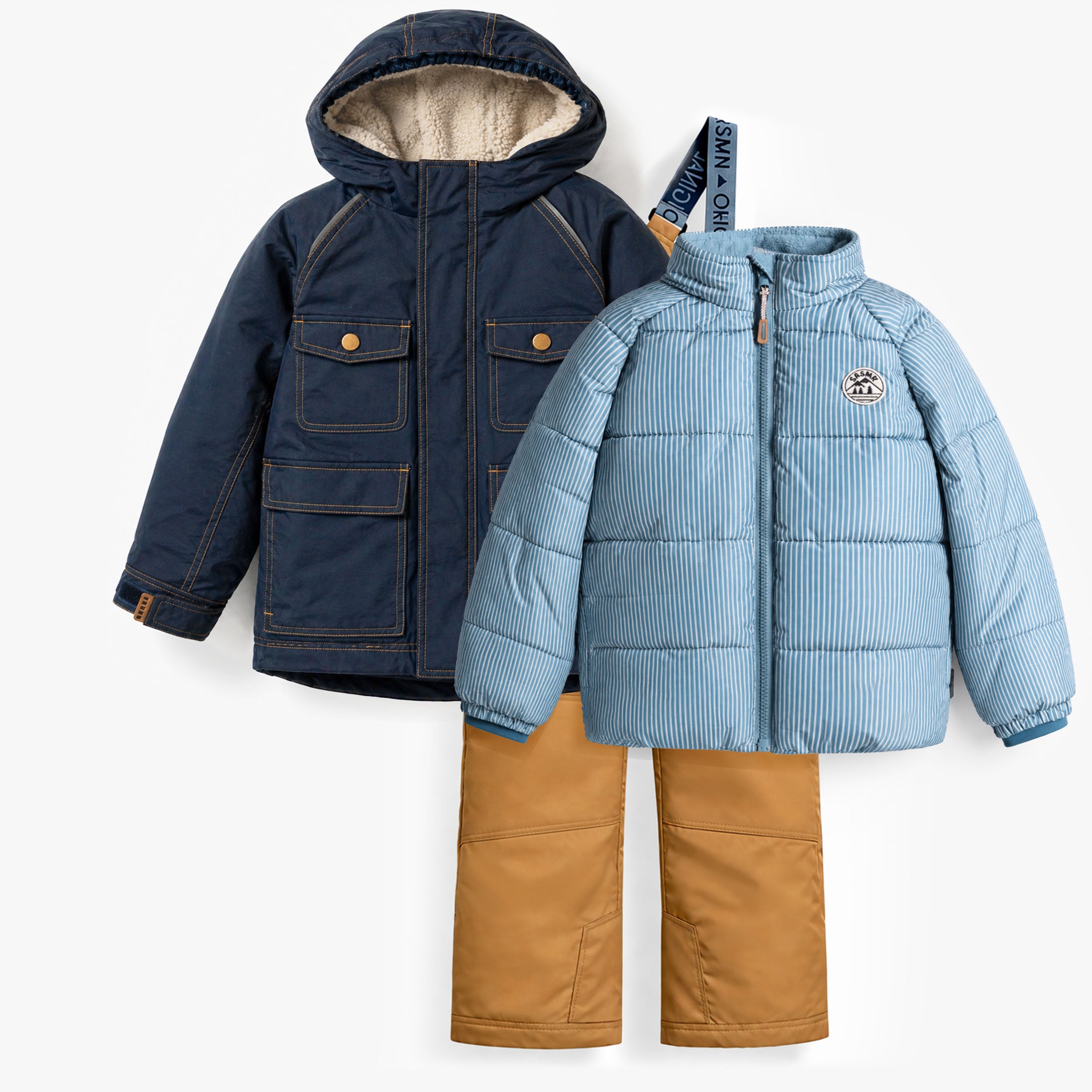 Habit de neige 3-en-1 pour enfant avec manteau bleu marine doublé, veste matelassée bleu pâle amovible et pantalon isolé couleur camel. - Souris Mini