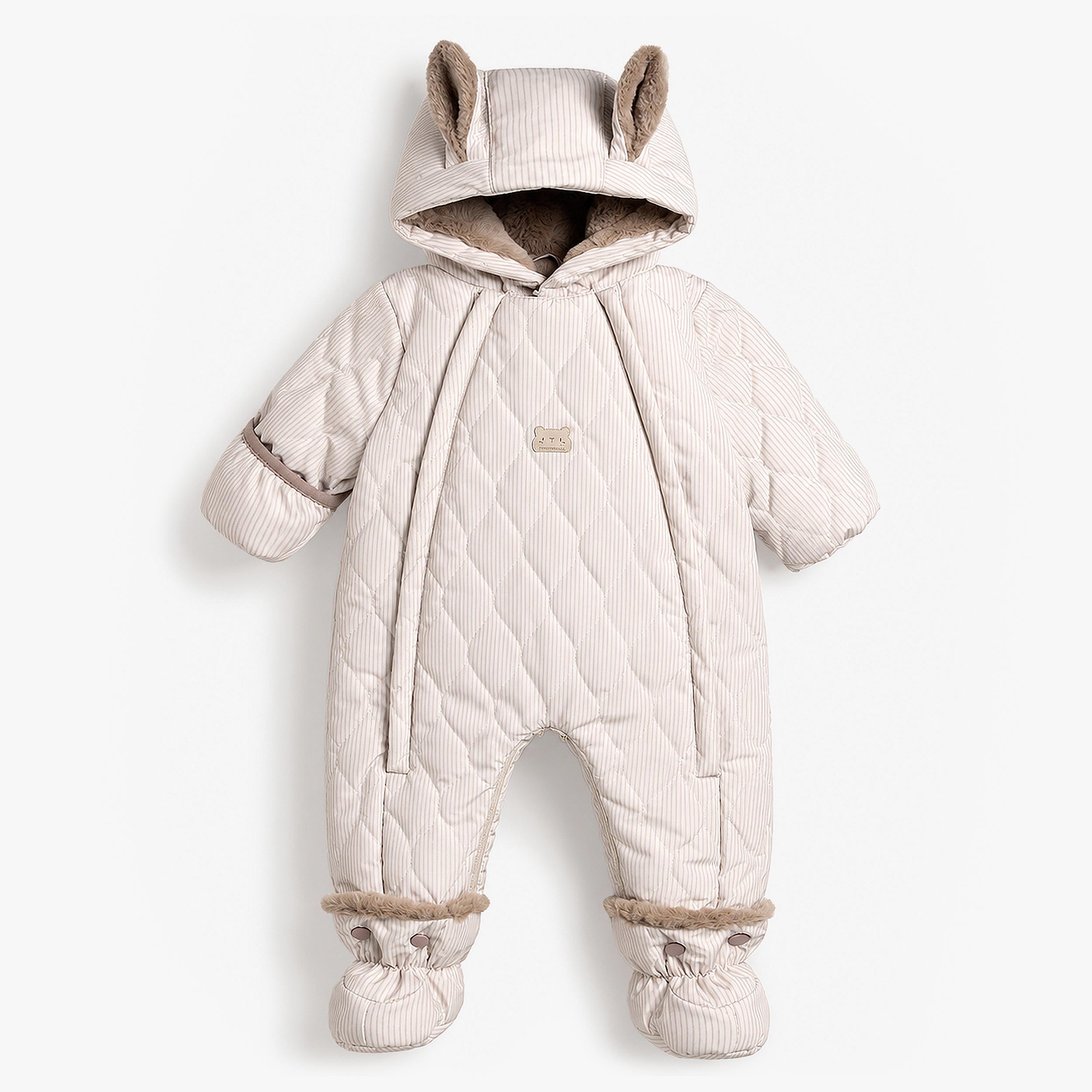 Combinaison d’hiver une pièce pour bébé beige matelassée avec capuchon à oreilles décoratives, doublure en peluche et couvre-pieds intégrés. - Souris Mini