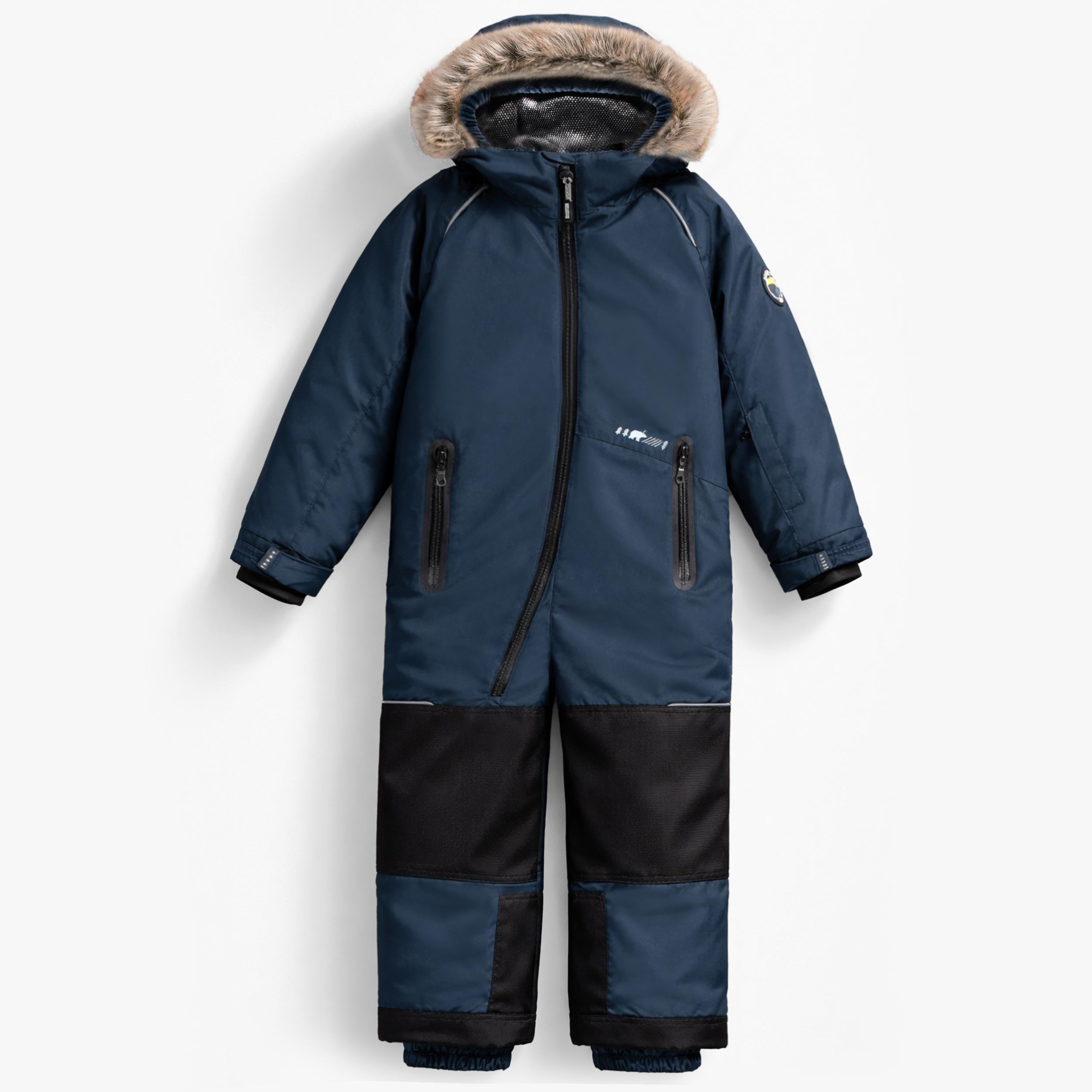 Combinaison de neige isolée pour enfant en bleu marine avec capuchon doublé de fausse fourrure, renforts aux genoux et fermetures éclair imperméables. - Souris Mini