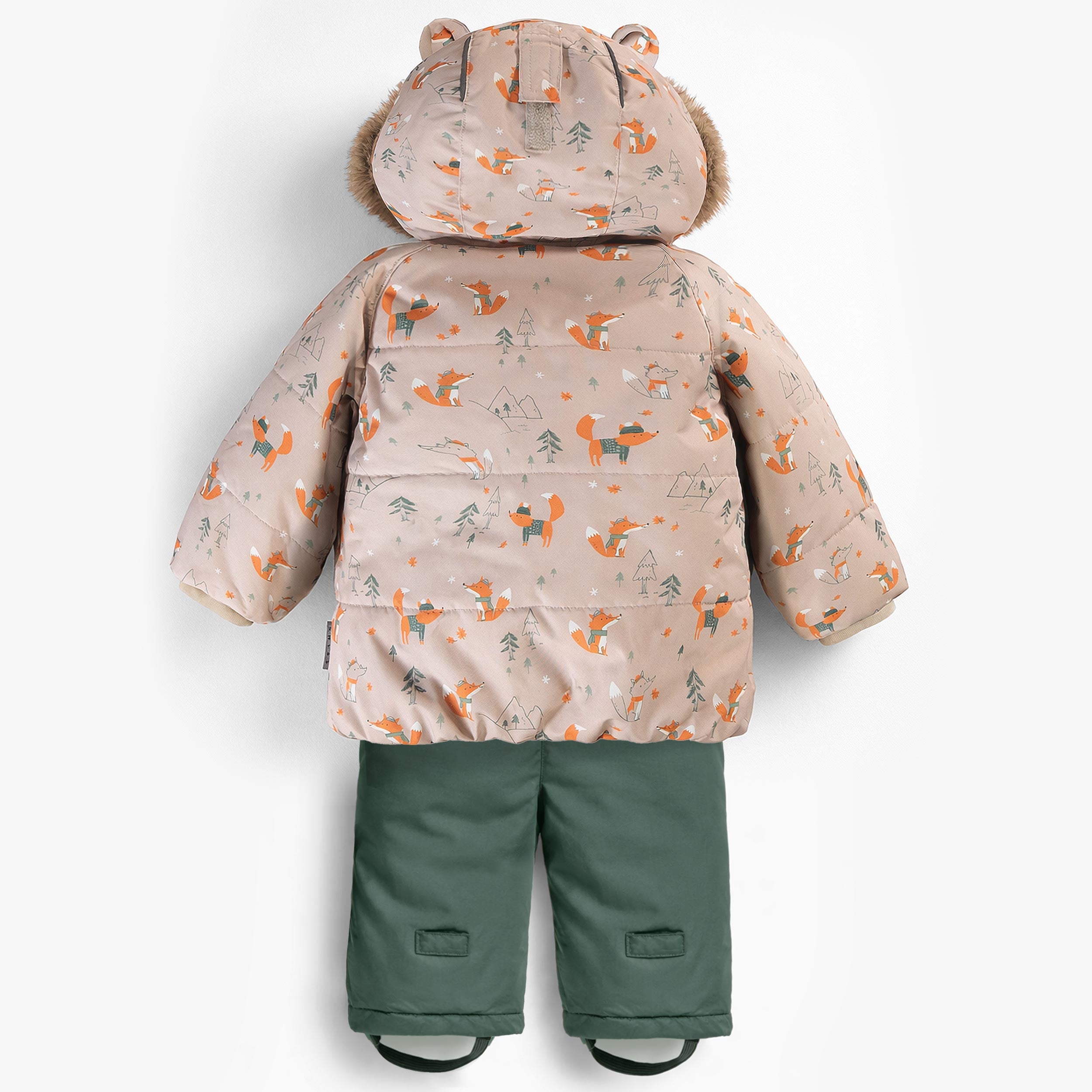 Vue arrière de l'habit de neige 2 pièces beige à imprimé de renards avec pantalon vert pour bébé garçon
