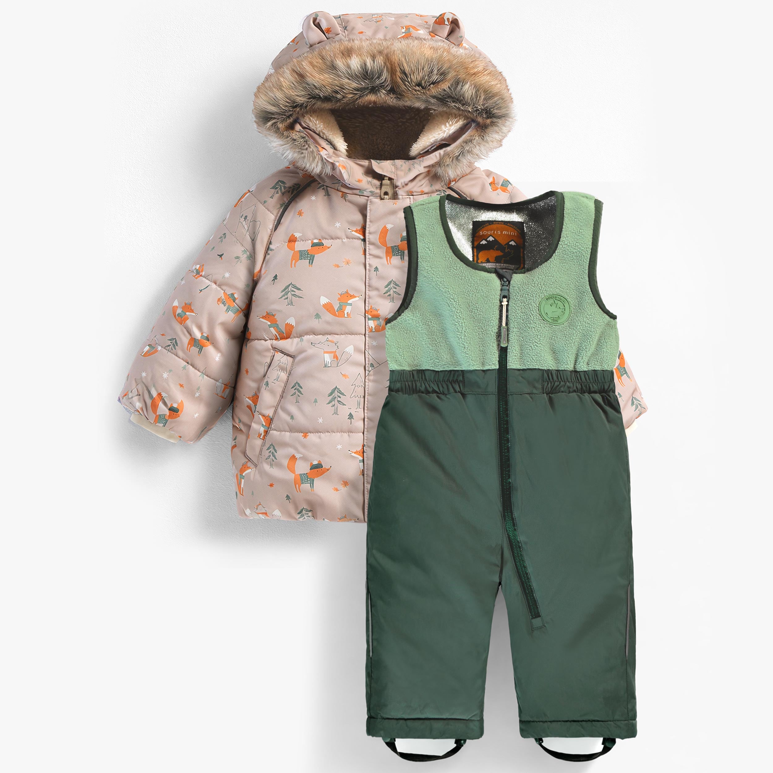 Habit de neige 2 pièces beige à imprimé de renards avec manteau et salopette présentés séparément pour bébé garçon