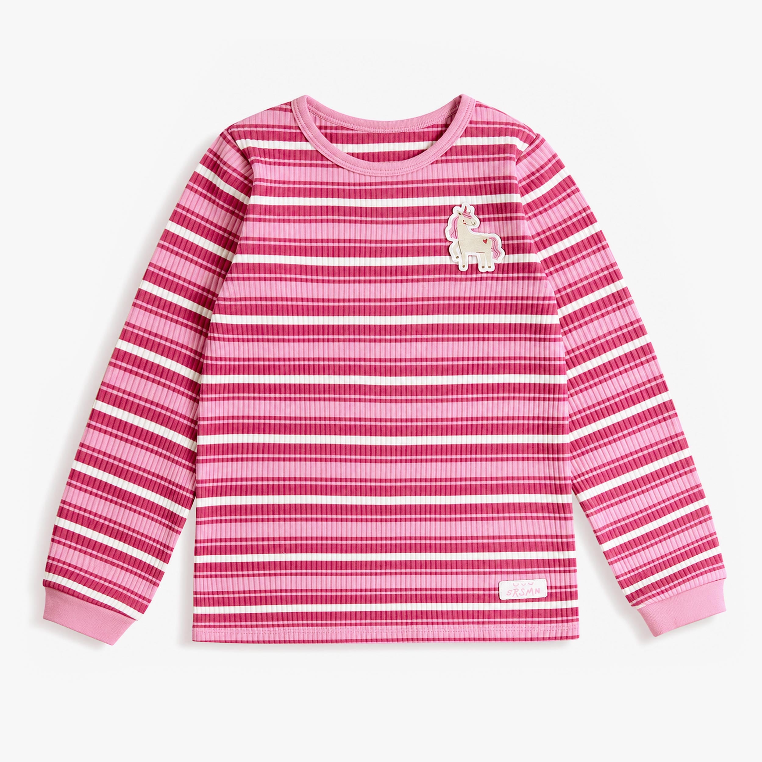 Haut de pyjama côtelé rose rayé pour fille avec écusson de licorne