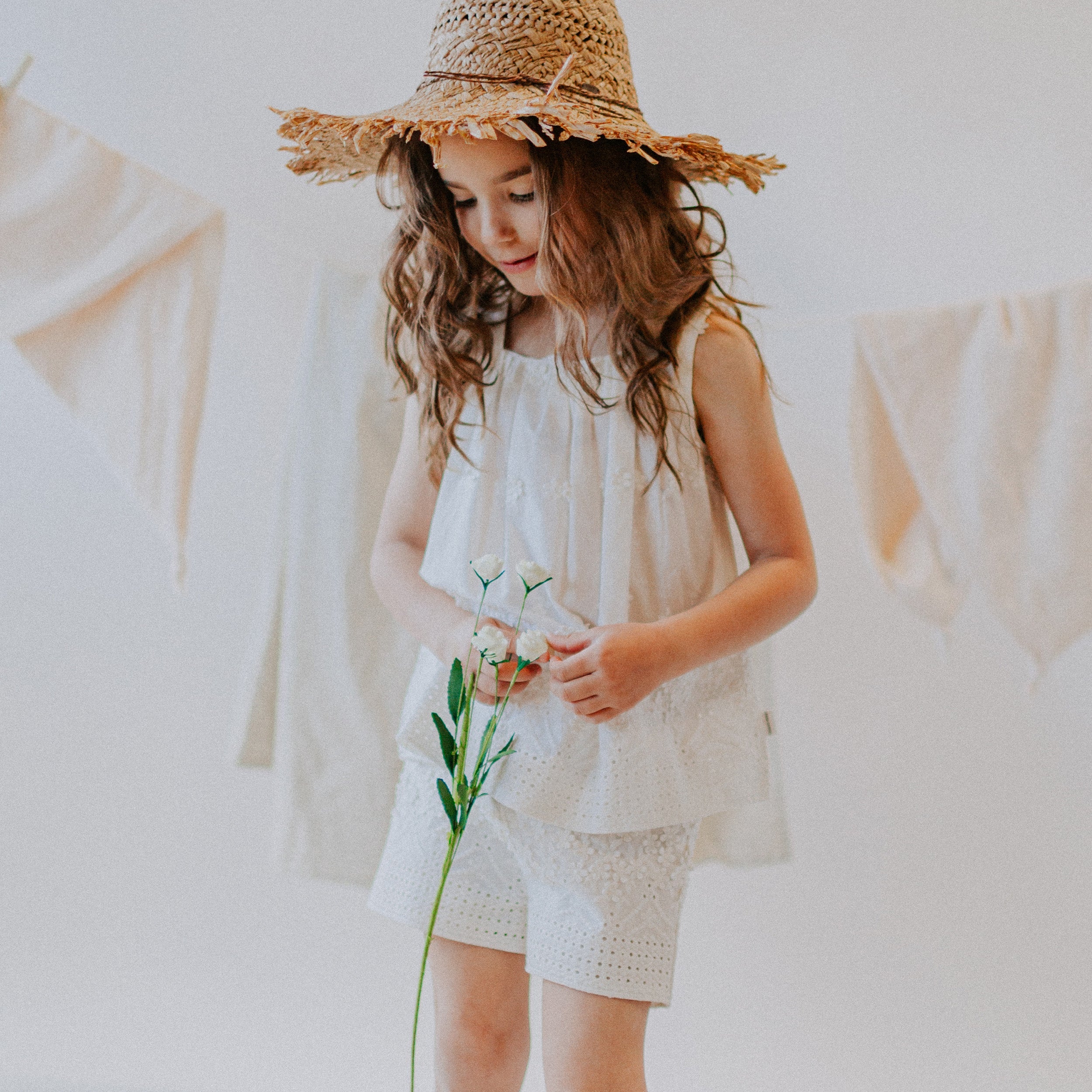 Cream embroidered short in cotton veil, child