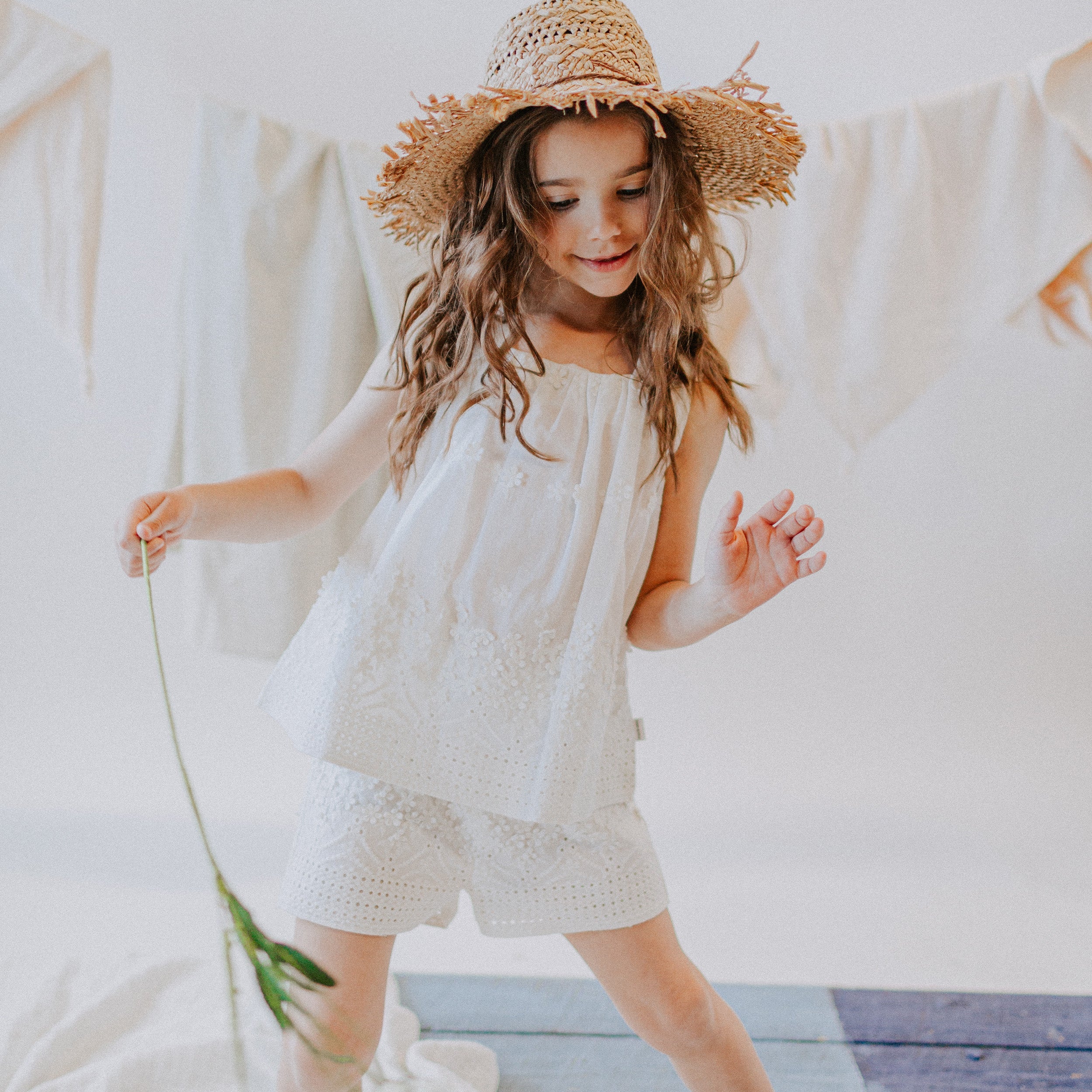 Cream embroidered short in cotton veil, child