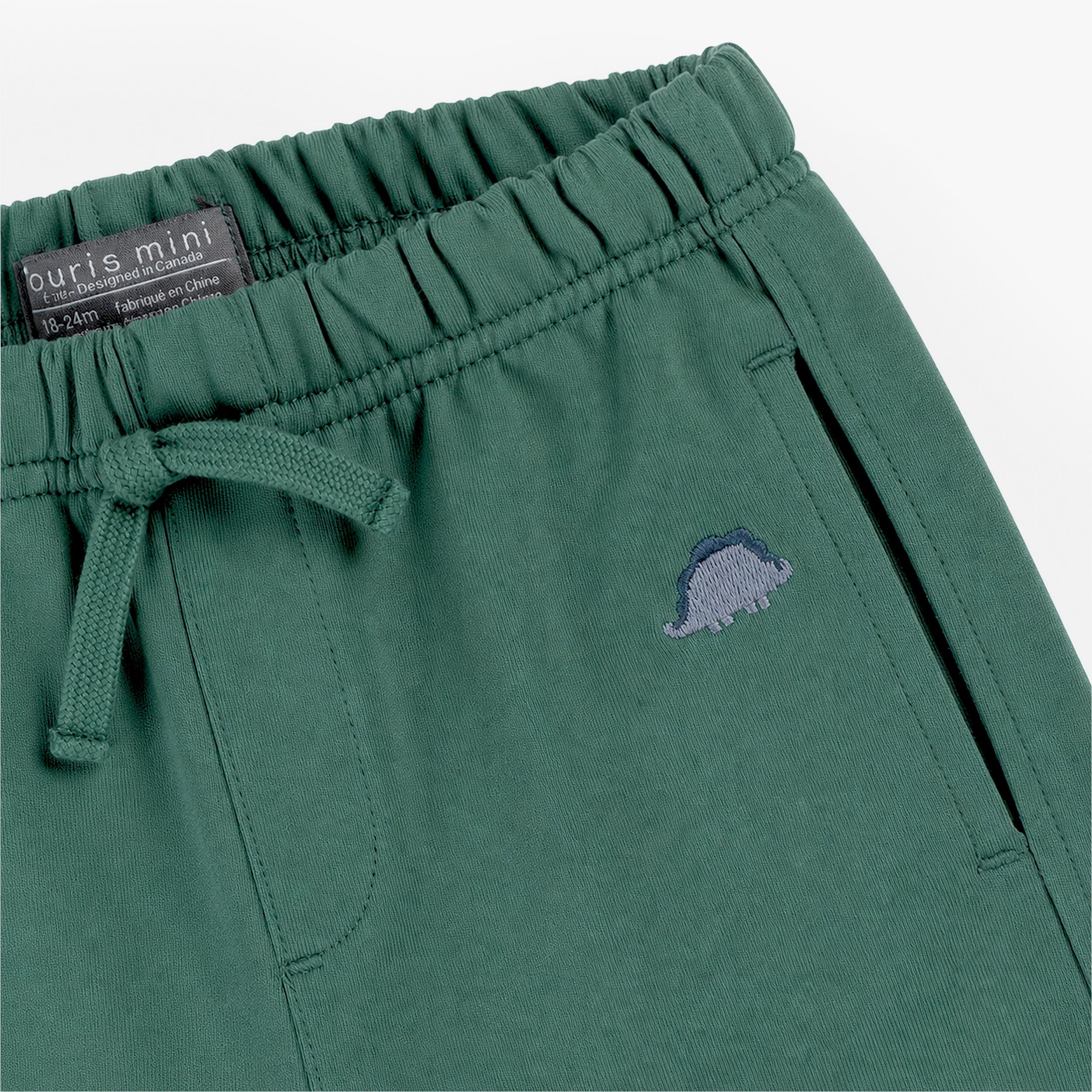 Détail du pantalon jogging bébé vert avec taille élastique et broderie dinosaure
