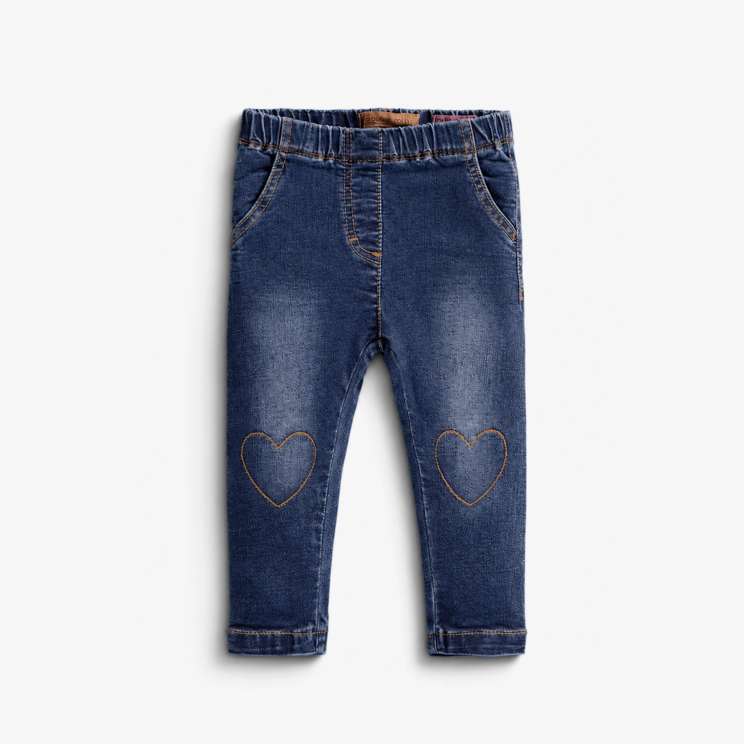 Legging jean bébé fille bleu avec cœurs brodés aux genoux et taille élastique