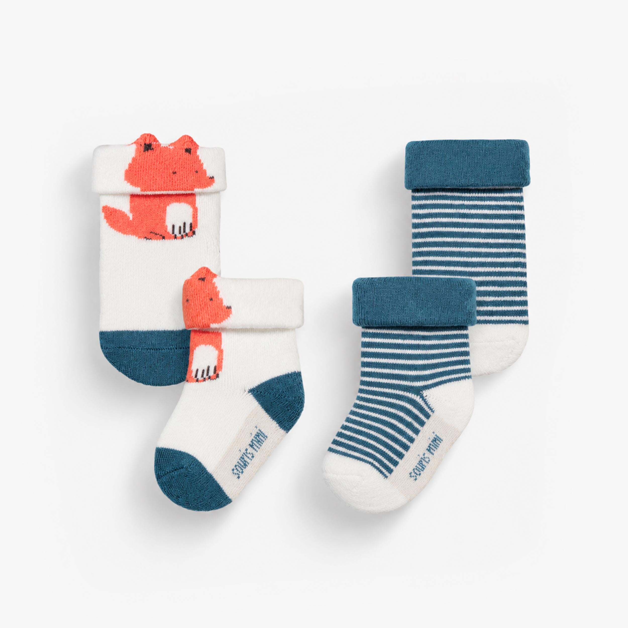 Lot de chaussettes bébé avec motif renard orange et modèle rayé bleu et blanc. - Souris Mini