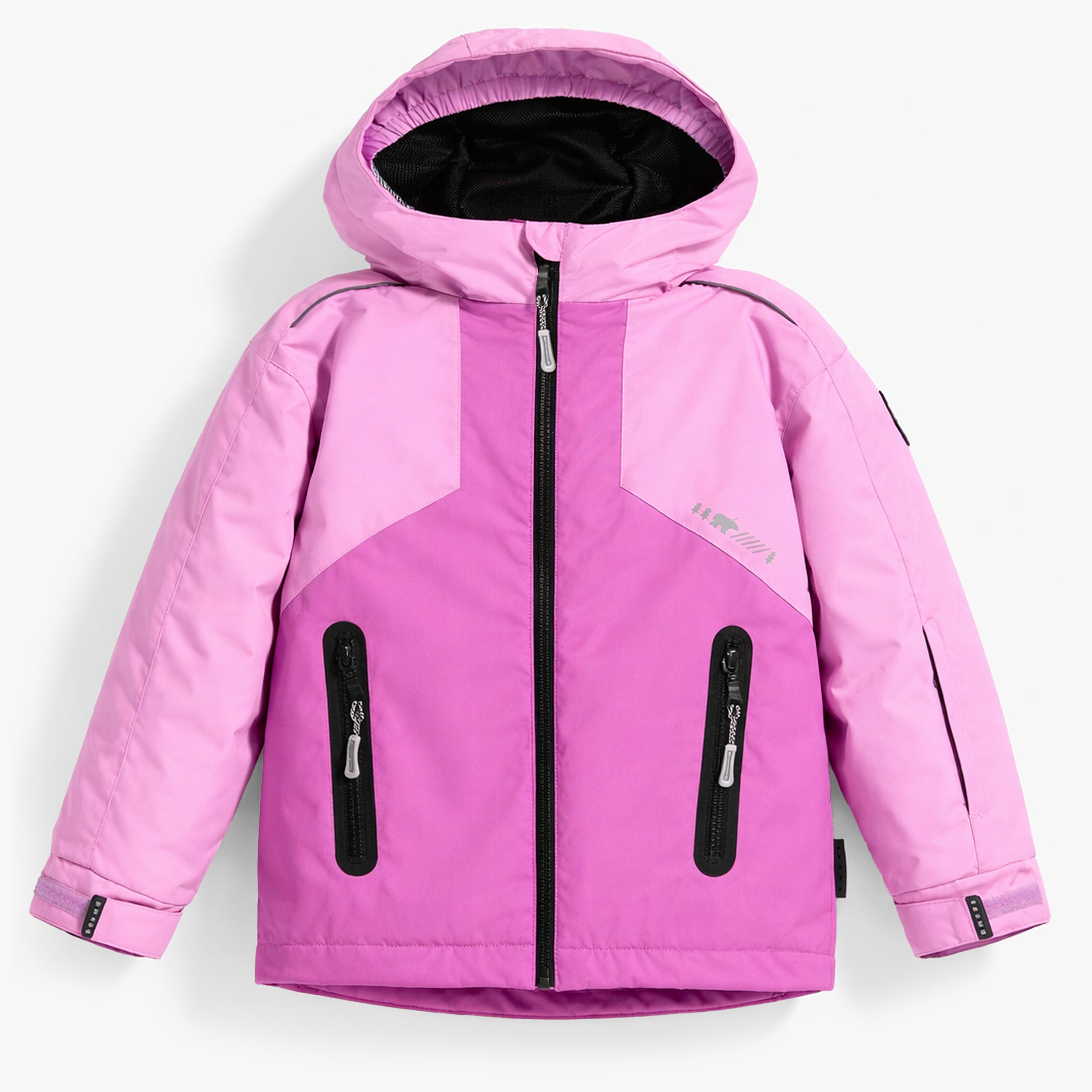 Manteau de ski et d’hiver rose pour enfant avec capuche protectrice, poches zippées imperméables et détails réfléchissants, conçu pour offrir chaleur, confort et protection contre le froid. - Souris Mini