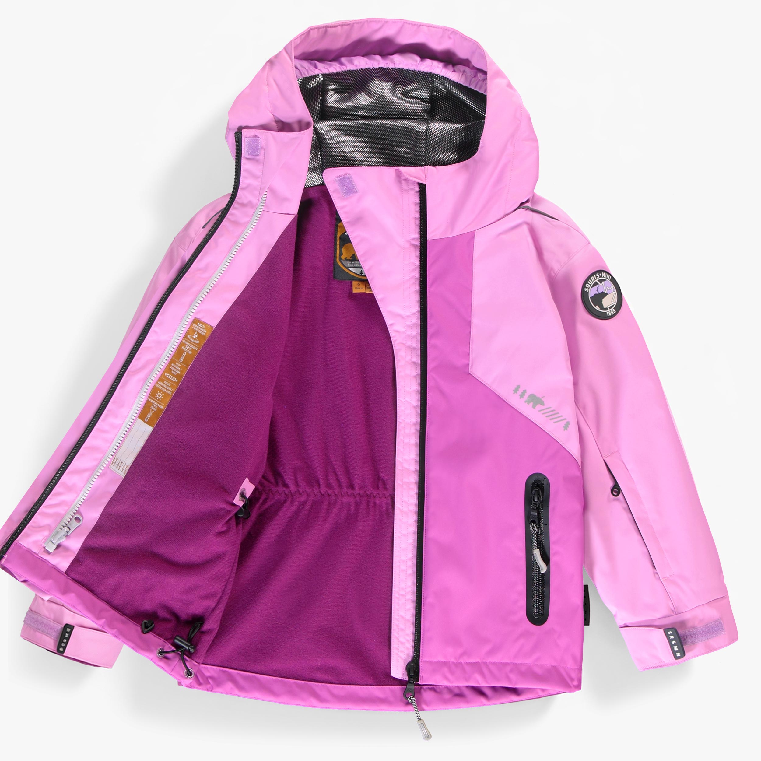 Manteau de ski et d’hiver rose pour enfant avec capuche protectrice, doublure intérieure en polaire chaude, fermeture éclair intégrale et conception isolée pour les journées froides.