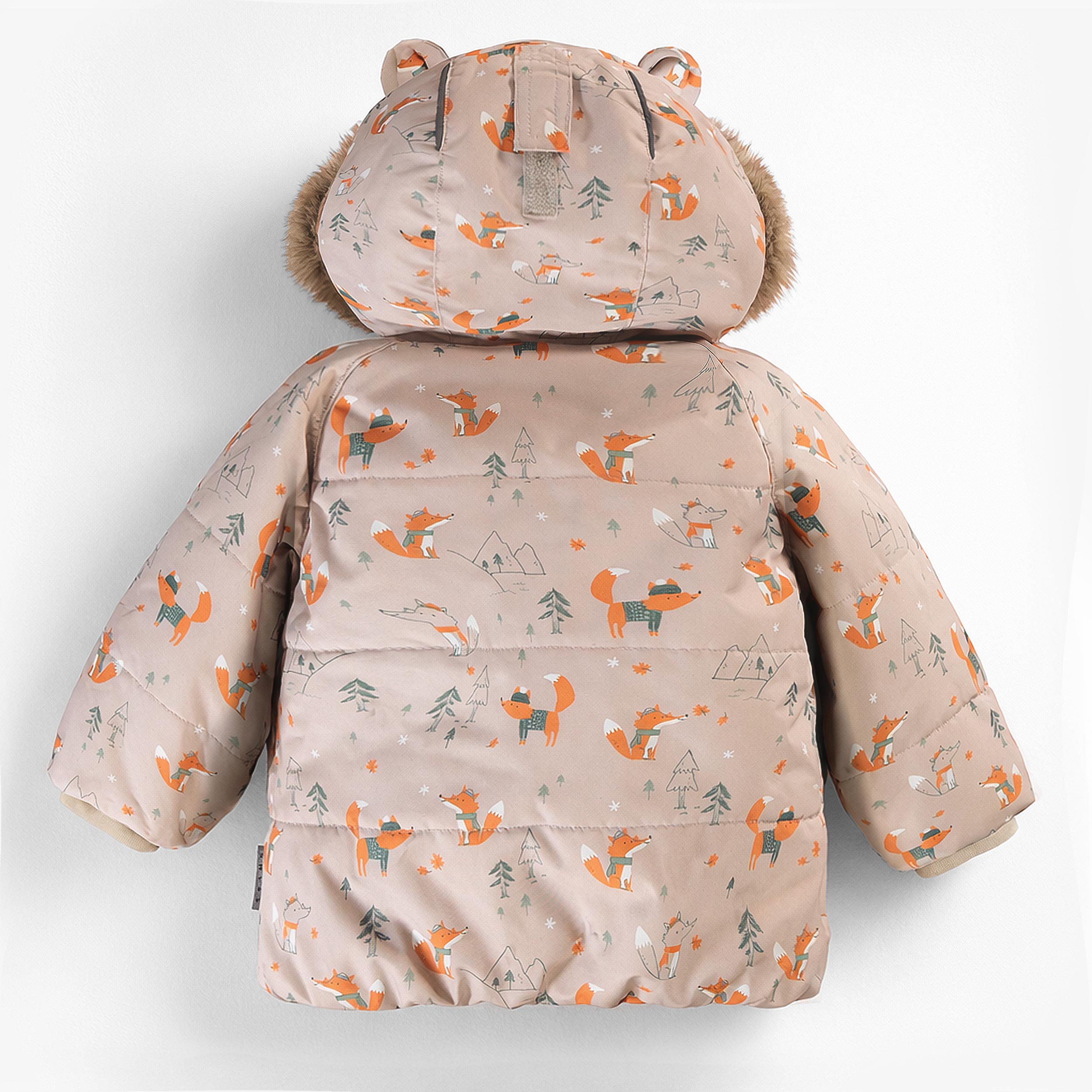 Vue arrière du manteau d'habit de neige beige à imprimé de renards avec capuchon pour bébé garçon
