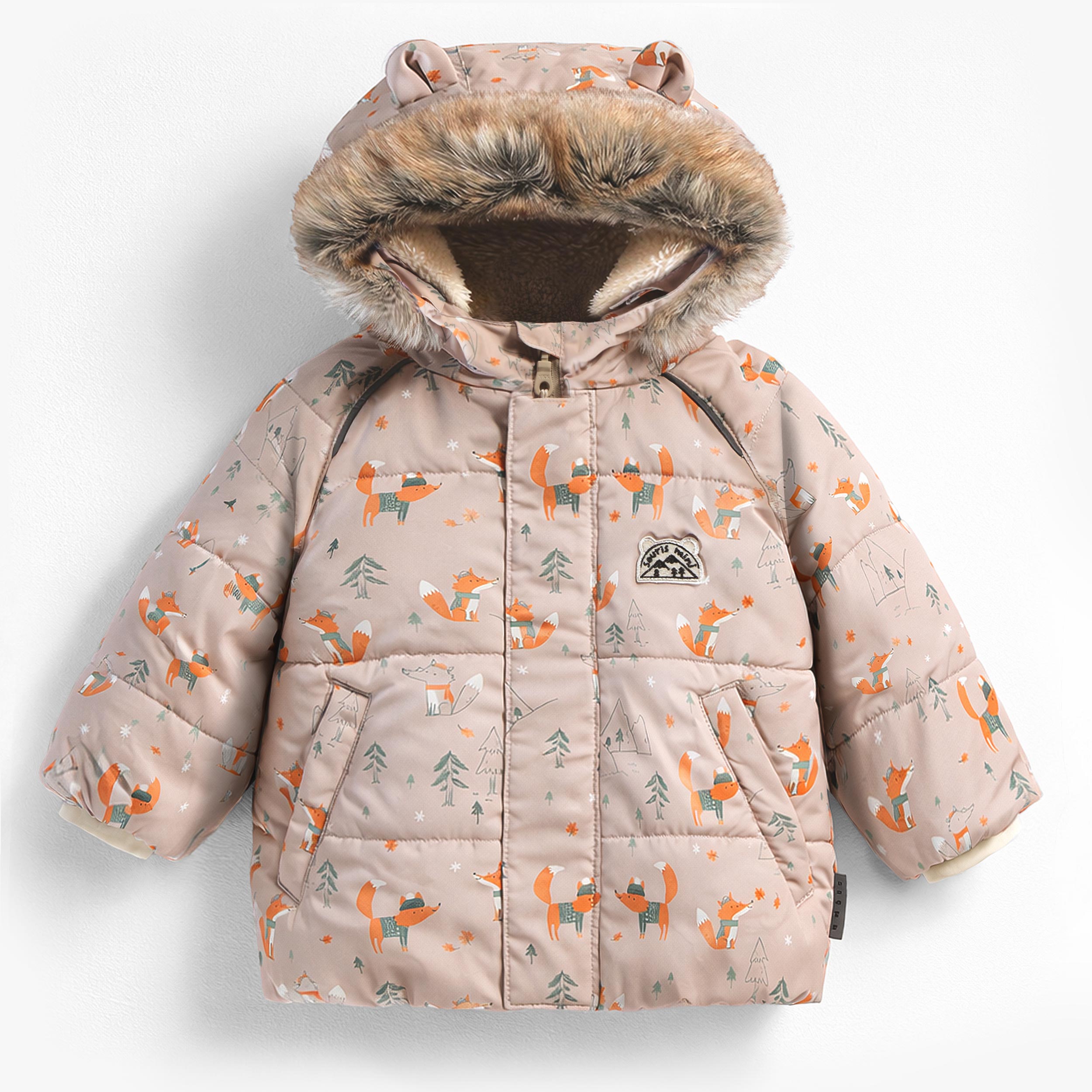 Manteau d'habit de neige beige à imprimé de renards avec capuchon garni de fausse fourrure pour bébé garçon