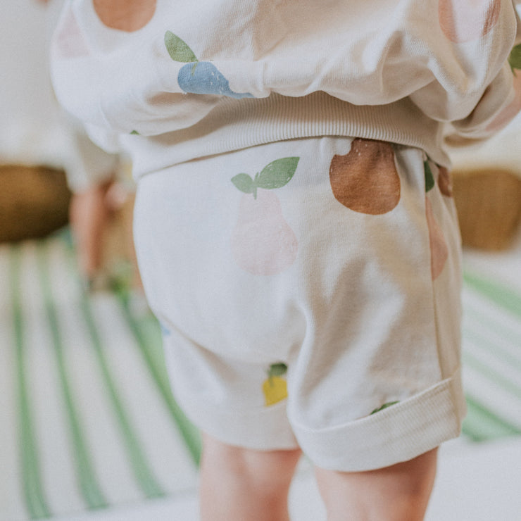Short court crème à motifs de poires en coton, bébé || Short pear-patterned cream short in cotton, baby