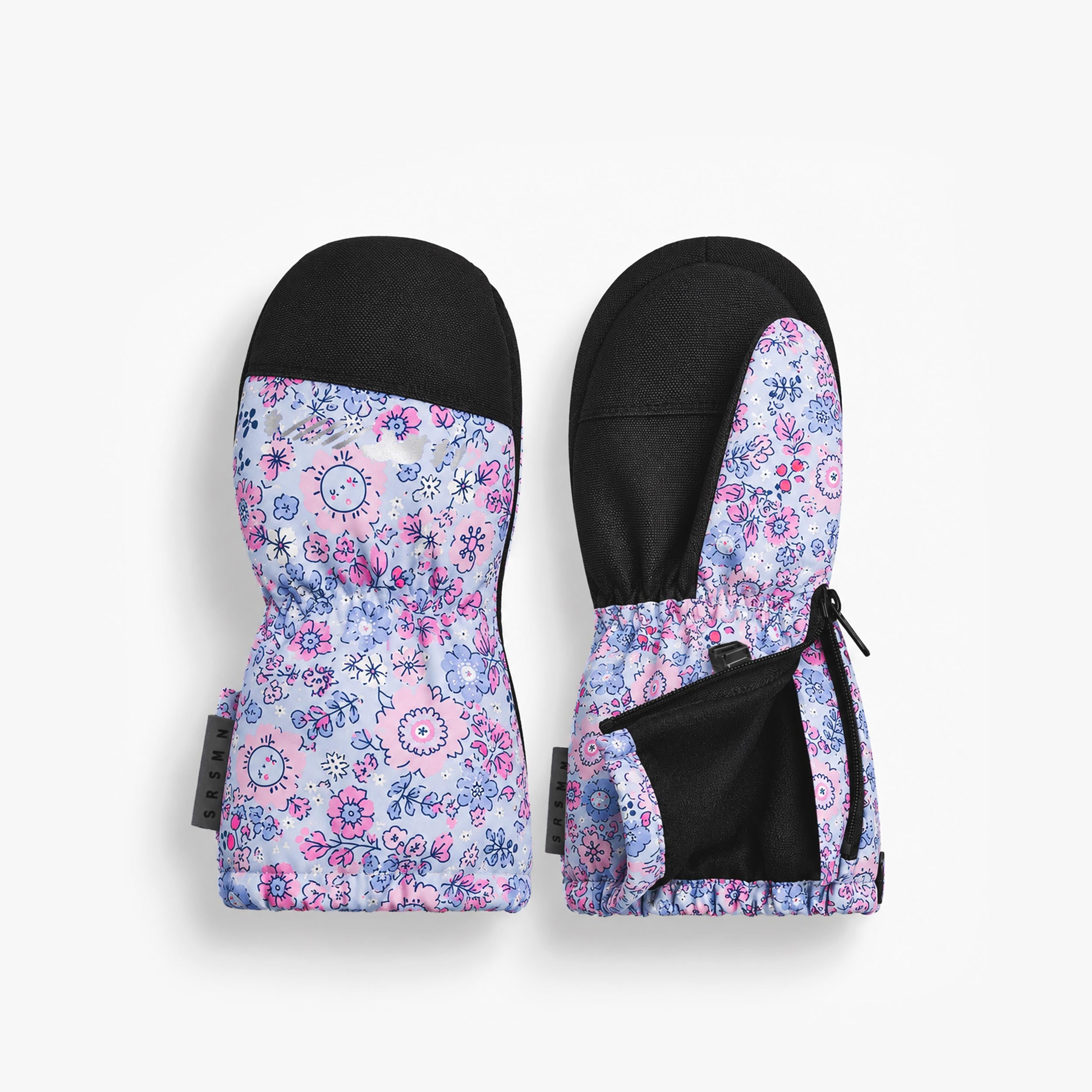 Mitaines d'hiver pour enfant à imprimé floral rose et bleu avec paume noire imperméable. - Souris Mini