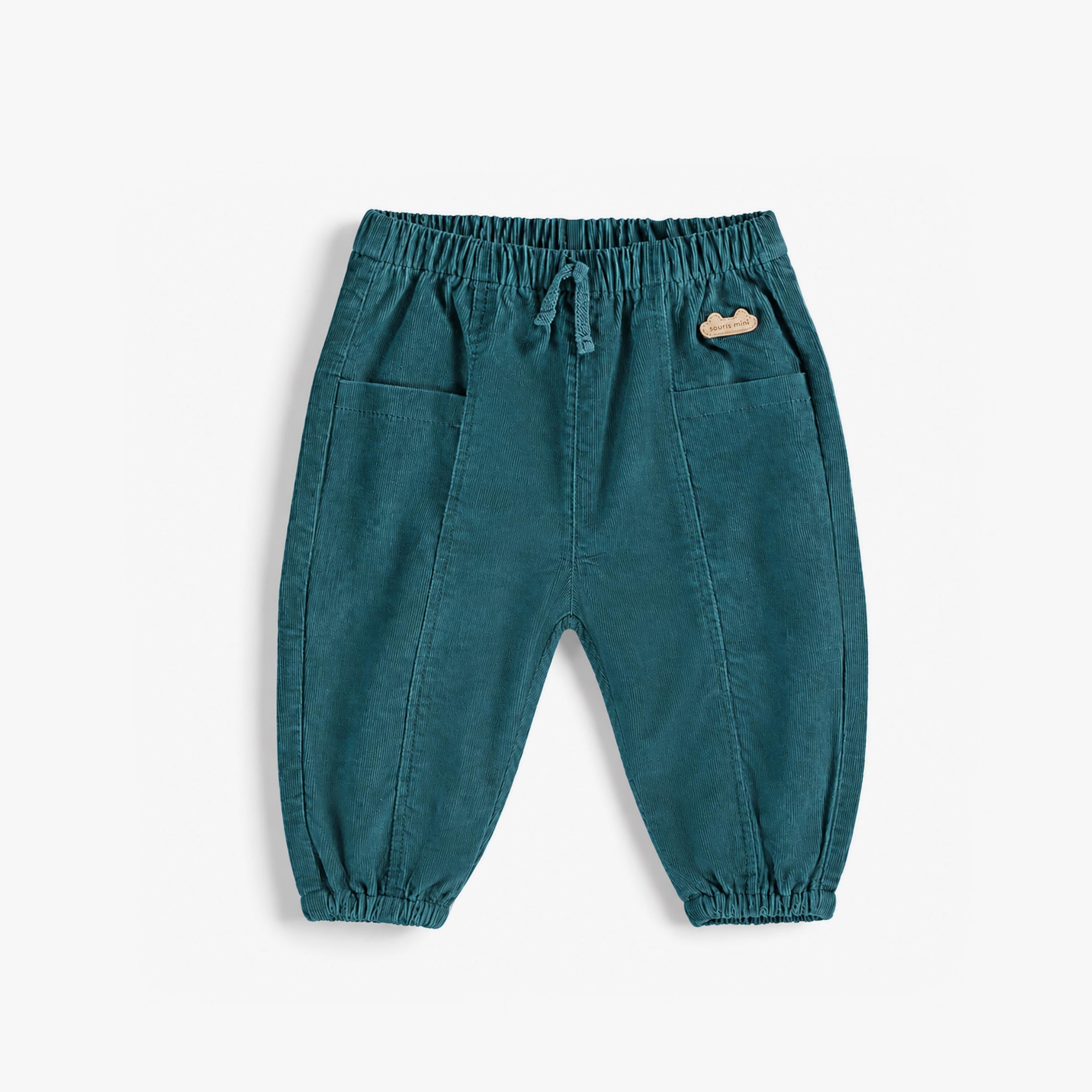 Pantalon bébé en velours côtelé bleu pétrole avec taille élastiquée et jambes resserrées. - Souris Mini