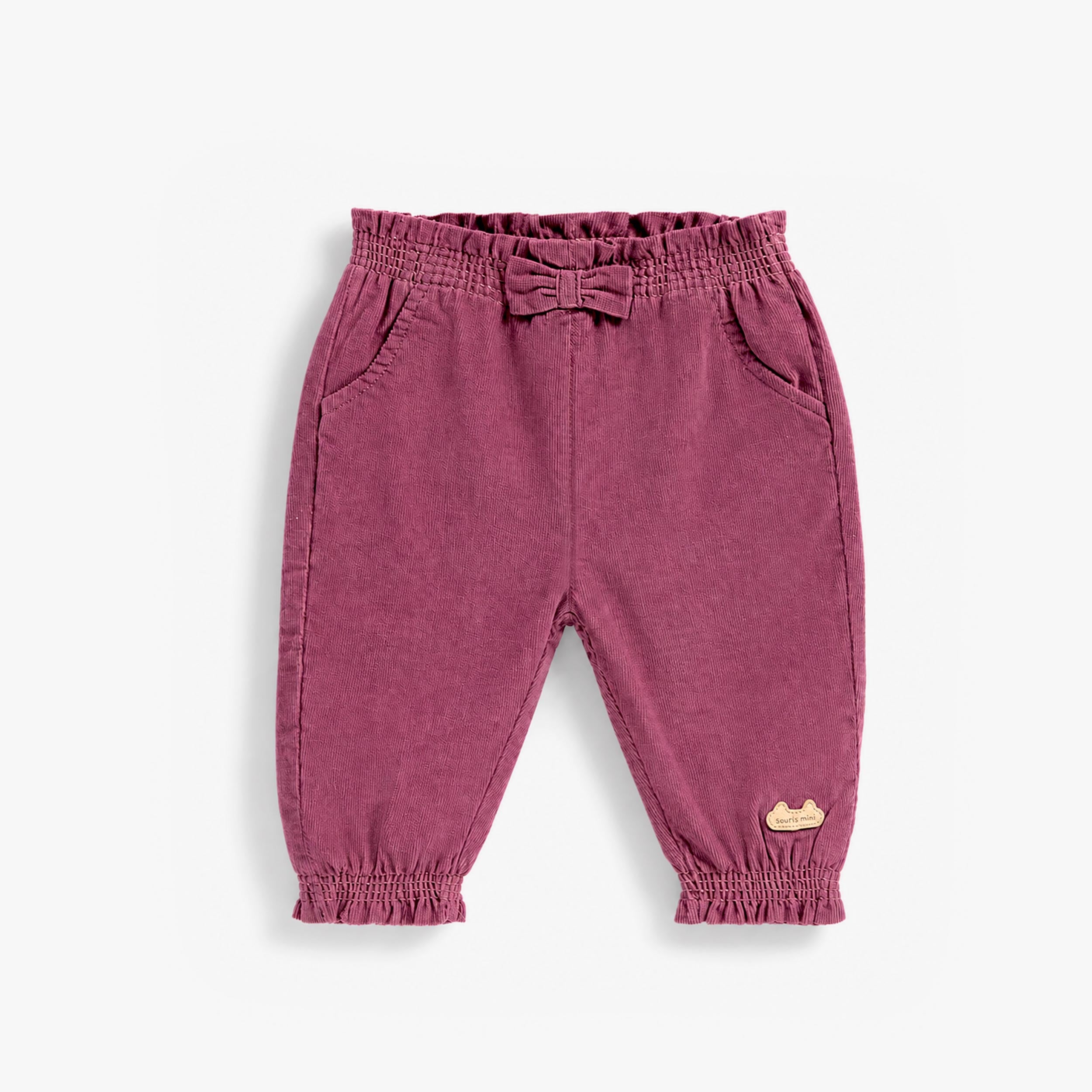 Pantalon bébé fille en velours côtelé prune avec taille élastique à volants et nœud décoratif. - Souris Mini