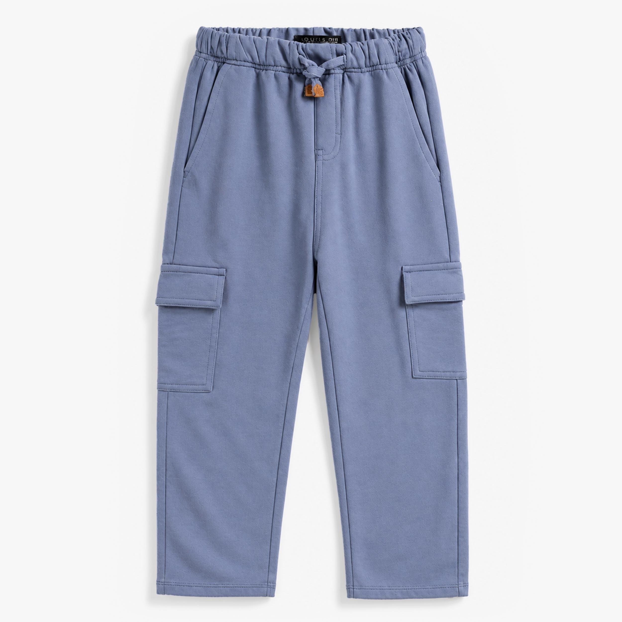 Pantalon enfant garçon bleu coupe cargo avec poches utilitaires, taille élastique et style casual confortable