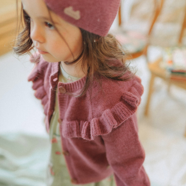 Veste de maille vieux rose à manches bouffantes, bébé || Purple knitted vest with puffy sleeves, baby