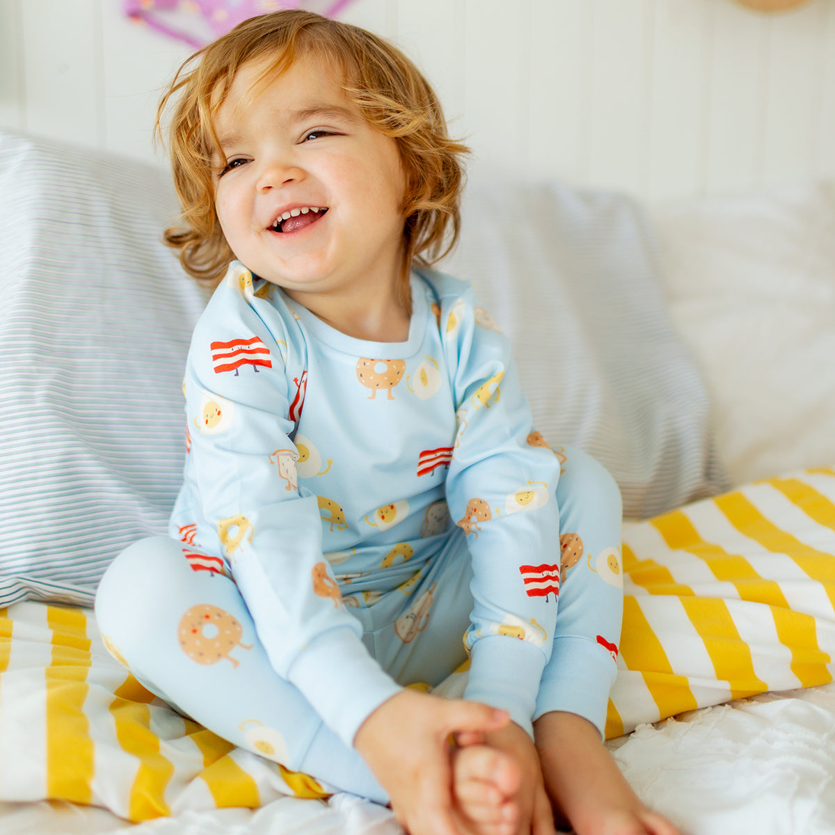 Blue two-piece pajamas with breakfast all over print, baby 