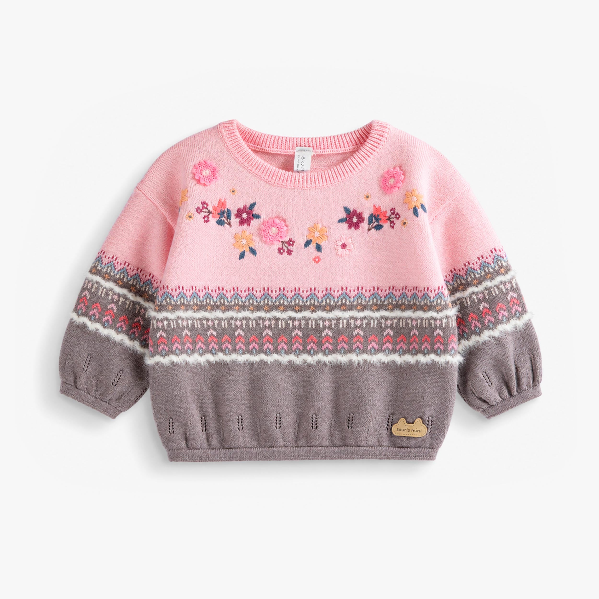 Chandail tricoté rose pour bébé fille avec broderies florales et motif jacquard. - Souris Mini