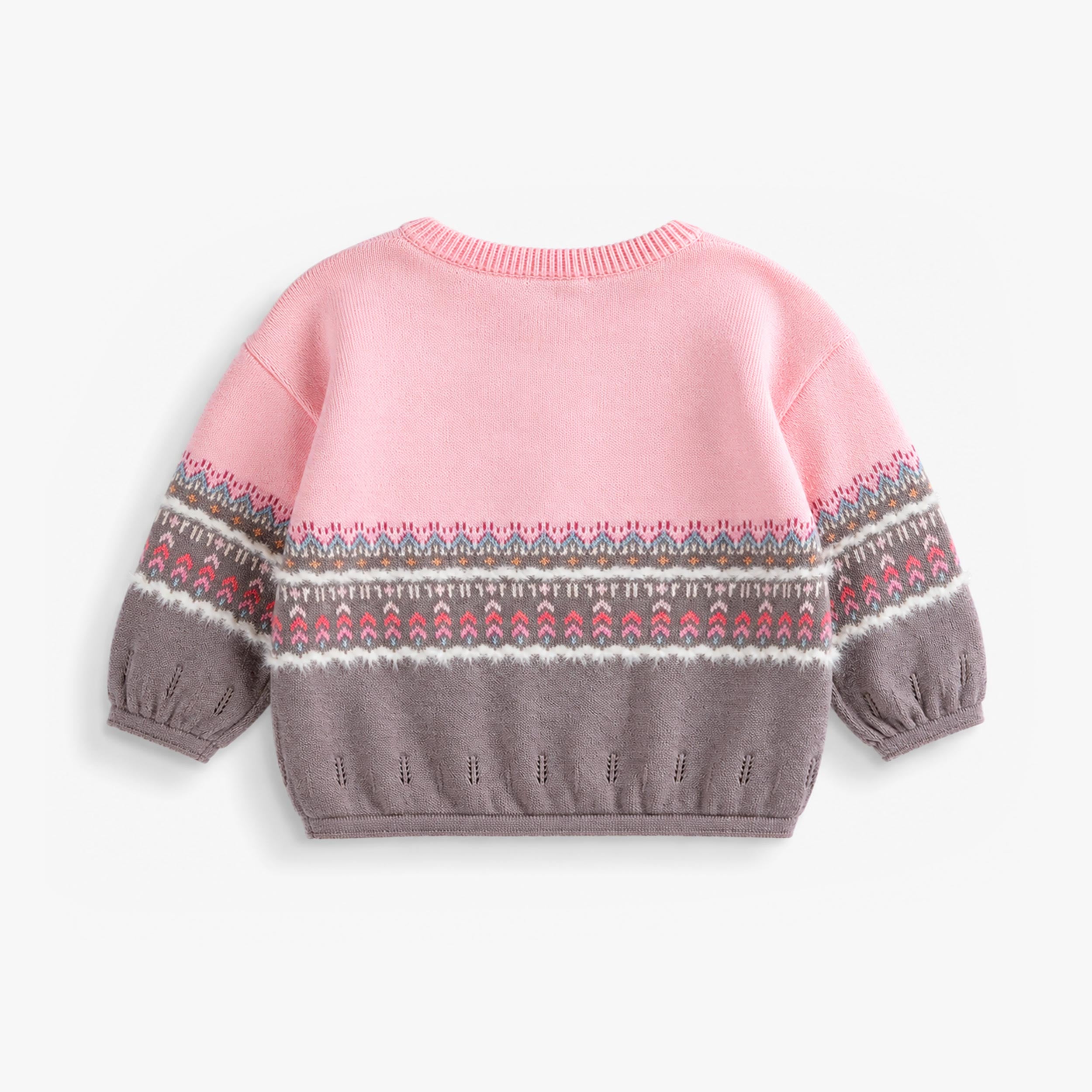 Vue arrière d’un chandail tricoté rose et gris pour bébé fille avec motif jacquard.