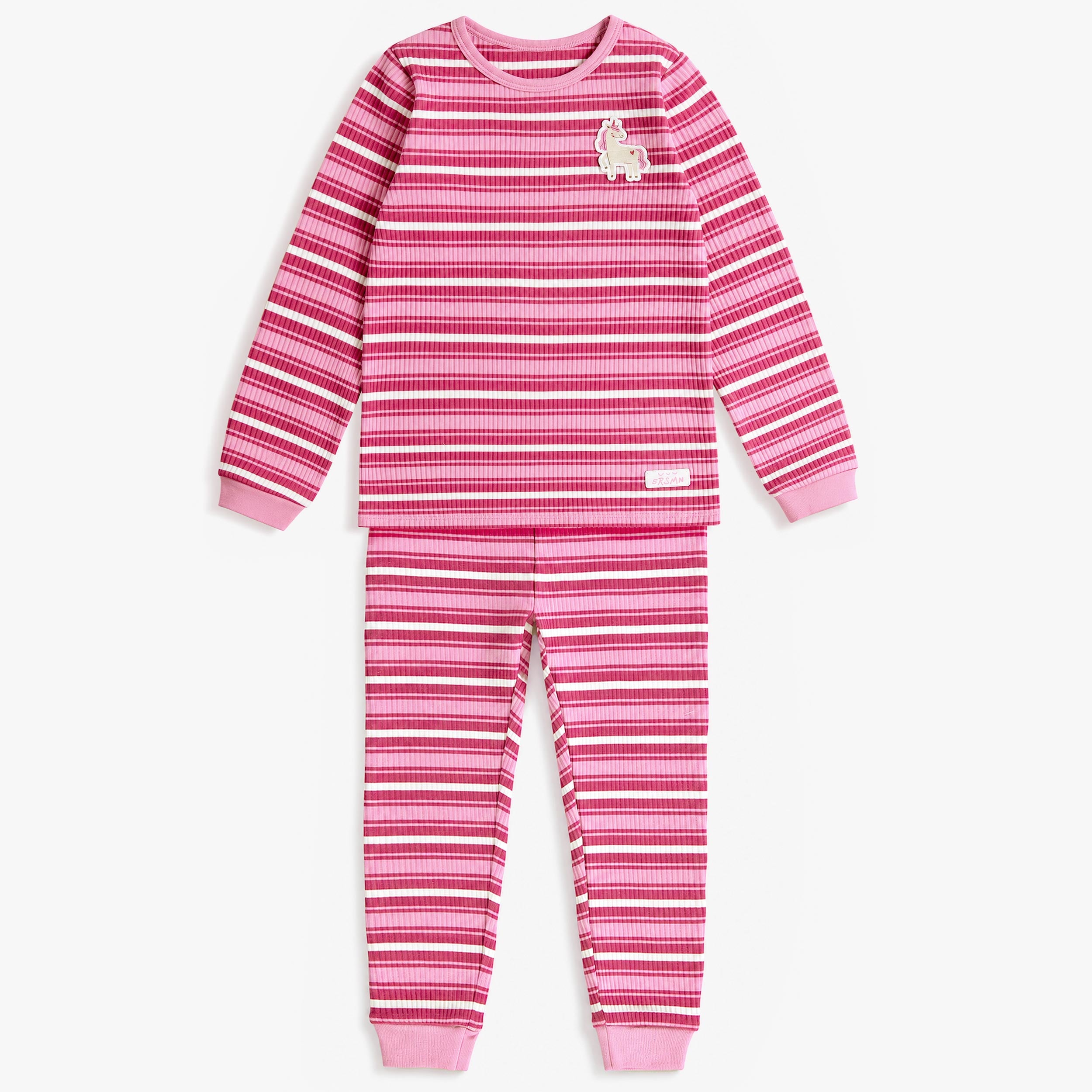 Pyjama côtelé rose rayé pour fille avec écusson de licorne, ensemble deux pièces - Souris Mini