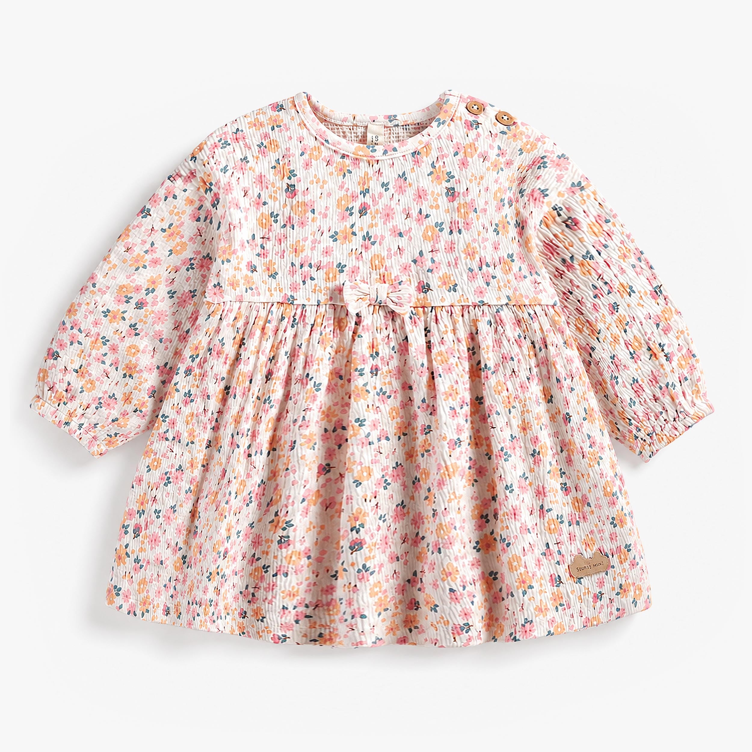 Robe bébé fille à manches longues avec imprimé floral multicolore et nœud décoratif à la taille. - Souris Mini