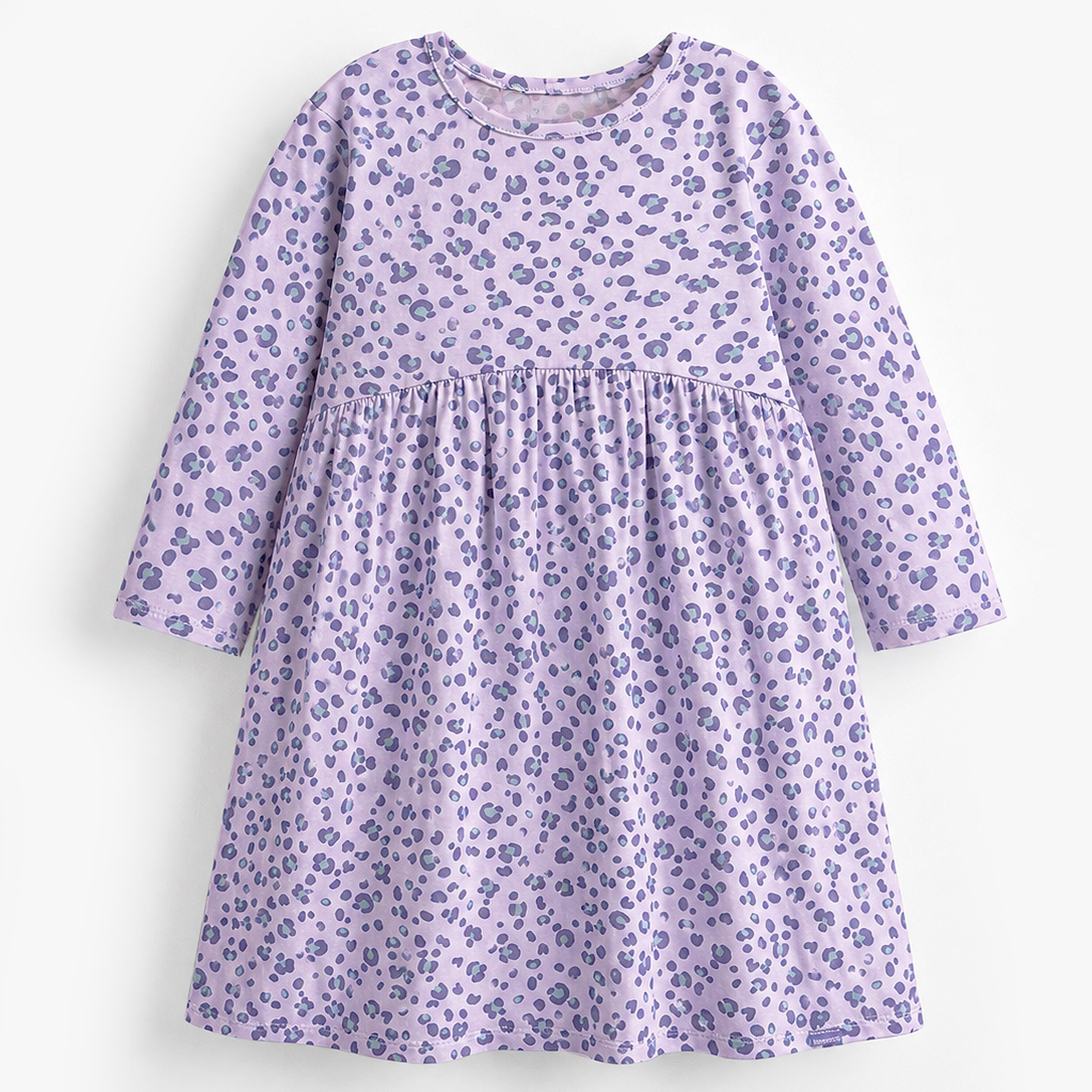 Robe enfant fille violette motif léopard intégral avec manches longues et jupe évasée en coton doux