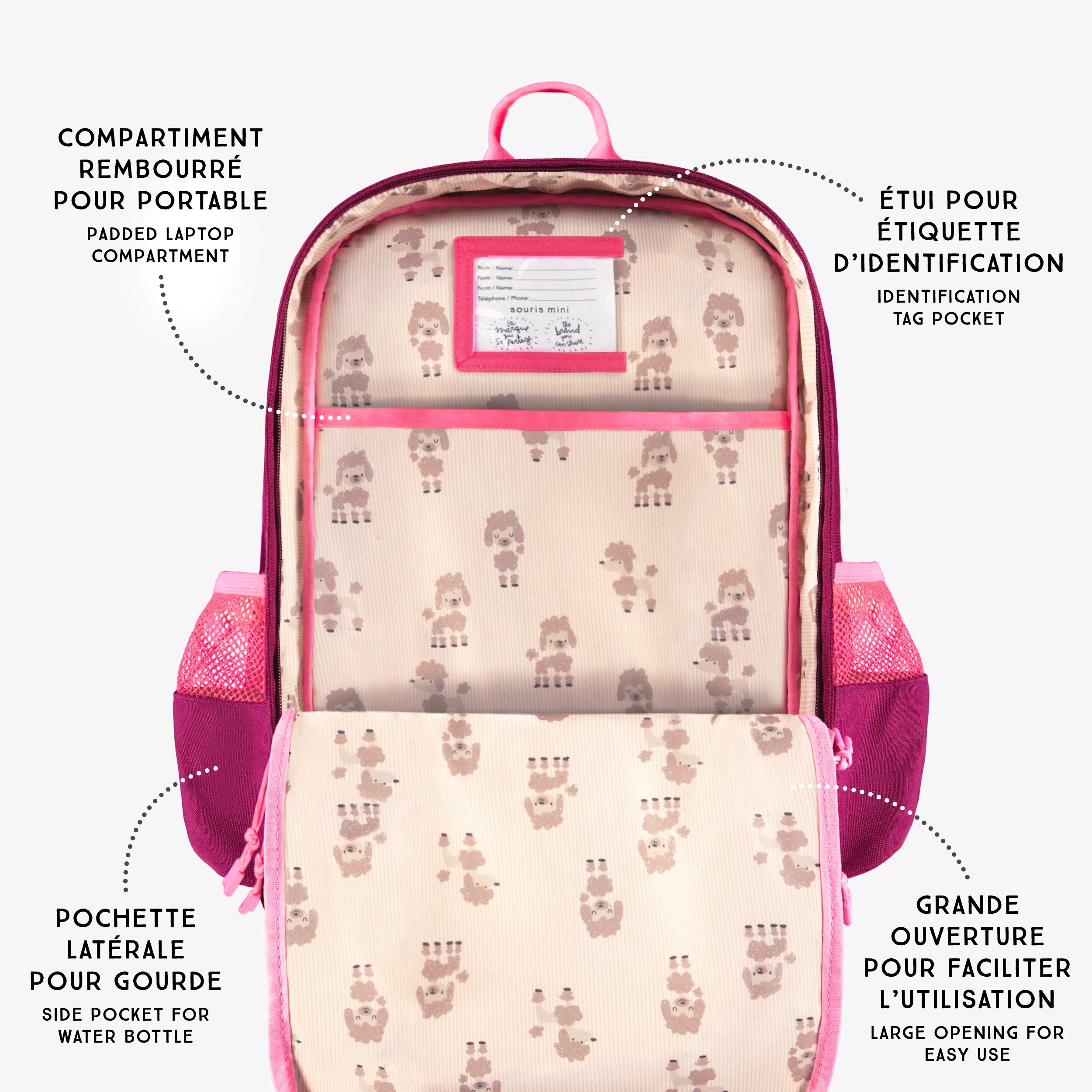 Points techniques du sac à dos rose, enfant