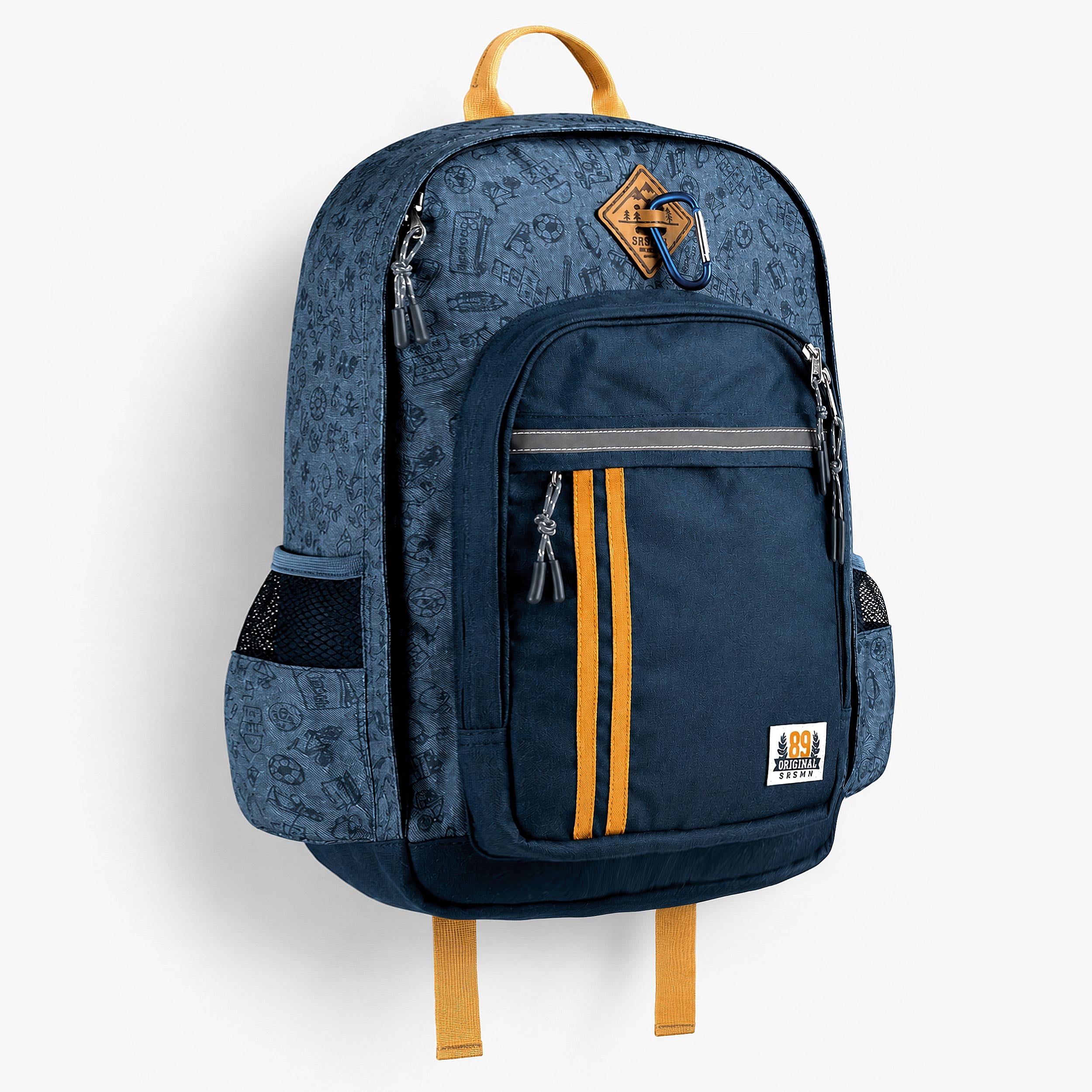 Sac à dos enfant bleu à motif sportif avec poche frontale zippée, bandes jaunes décoratives et poches latérales en filet.