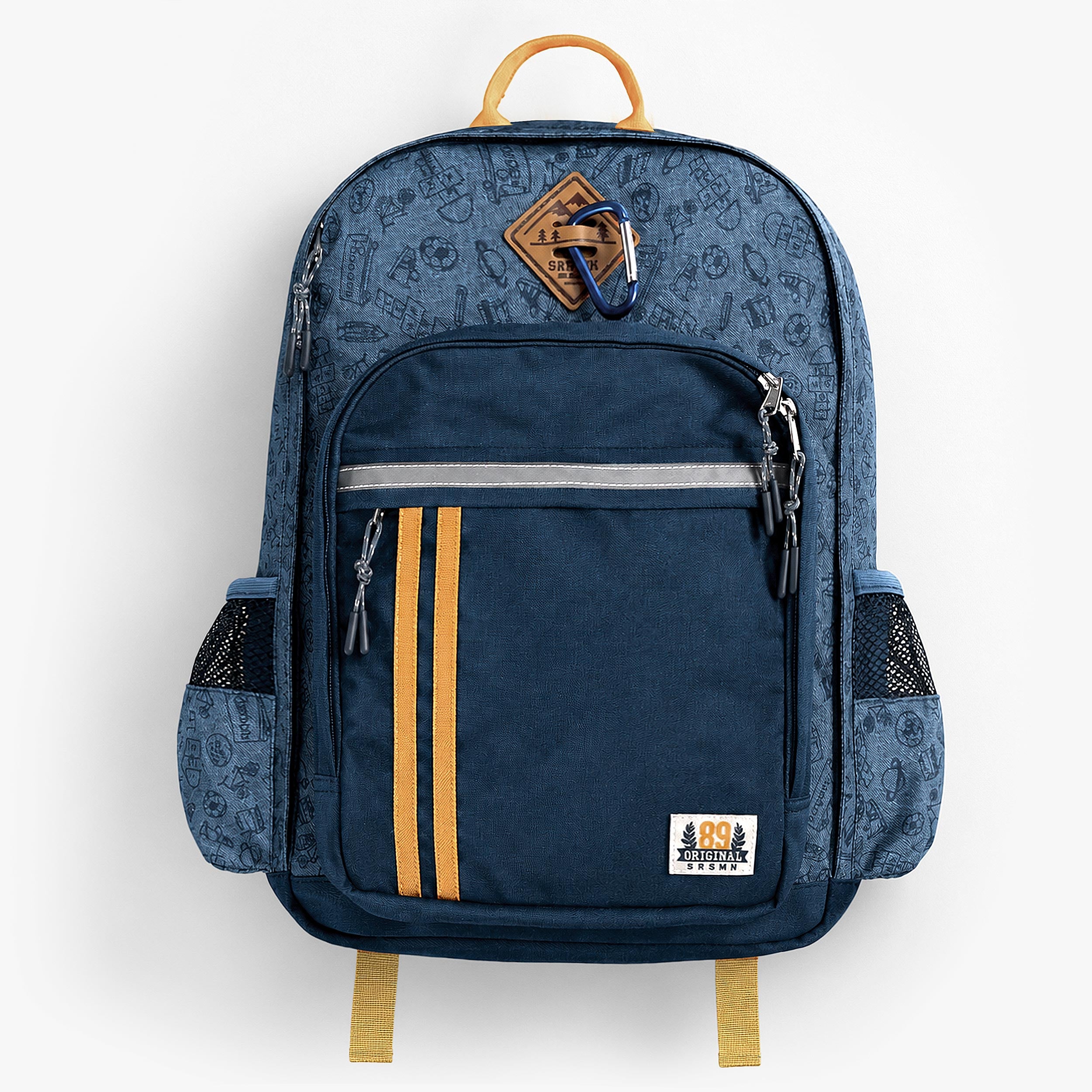 Sac à dos enfant bleu à motif sportif avec poche frontale zippée, bandes contrastées et poches latérales en filet. - Souris Mini
