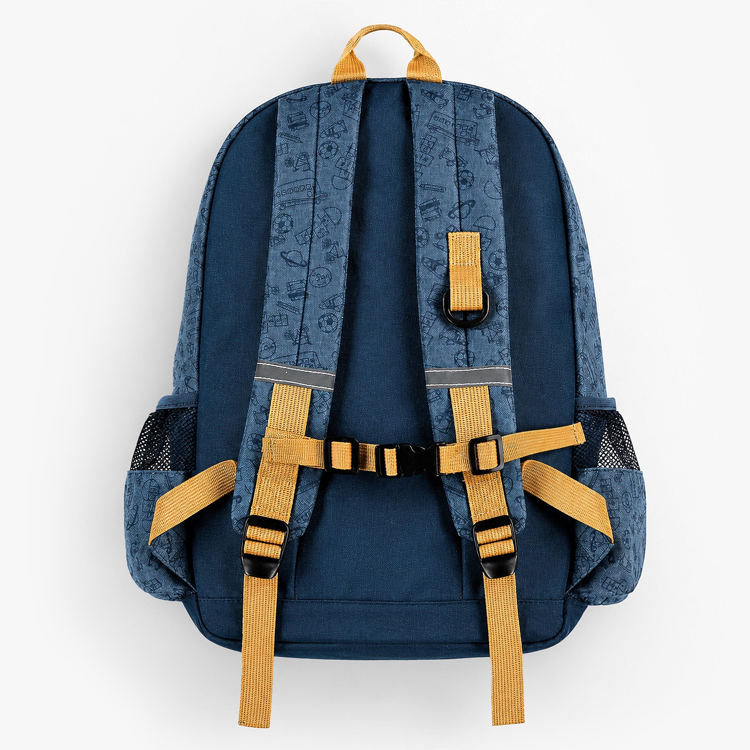 Vue arrière d’un sac à dos enfant bleu avec bretelles réglables, sangle de poitrine et détails réfléchissants.