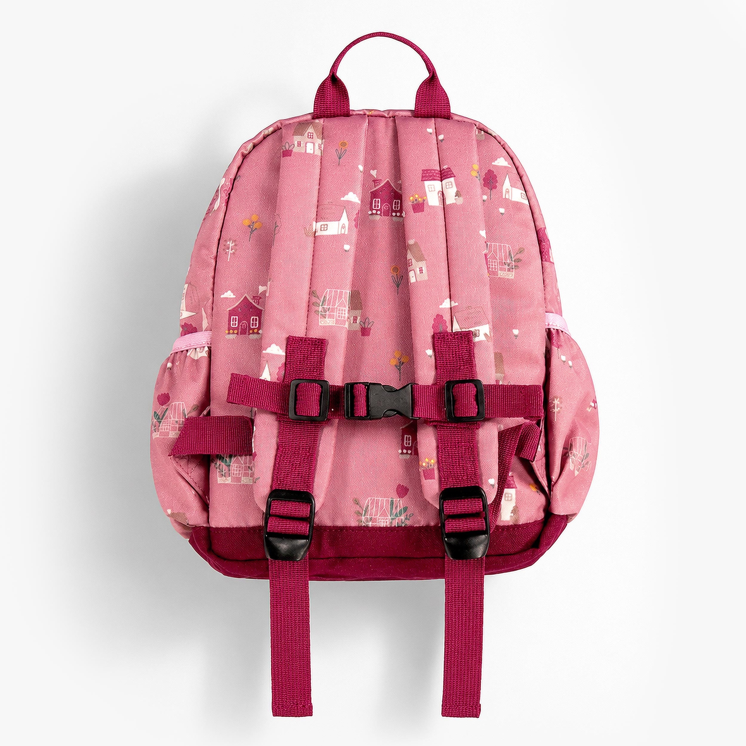 Dos du sac à dos enfant rose avec bretelles ajustables et imprimé maisons